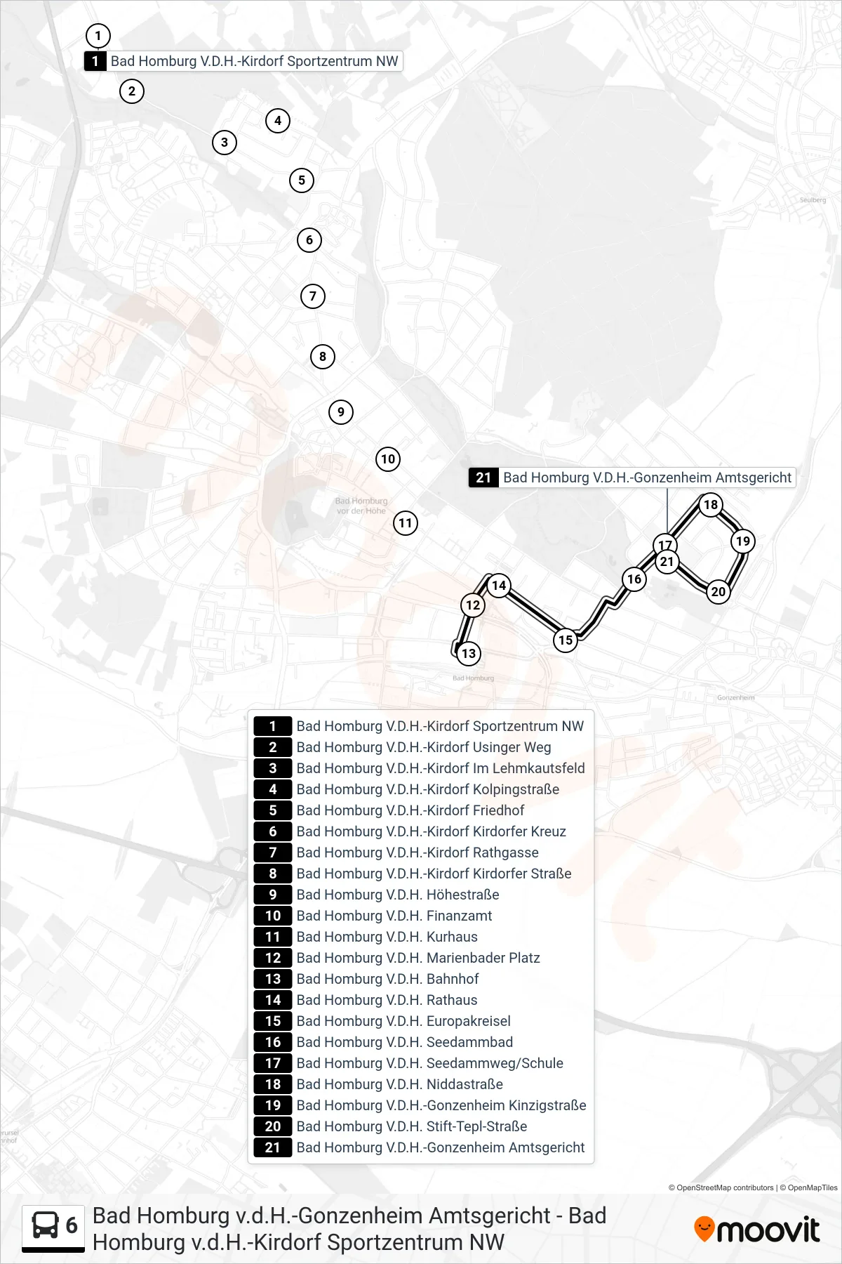 Linie 6 (Bus) Richtung Bad Homburg V.D.H.-Gonzenheim Amtsgericht: Route und Haltestellen auf der Karte