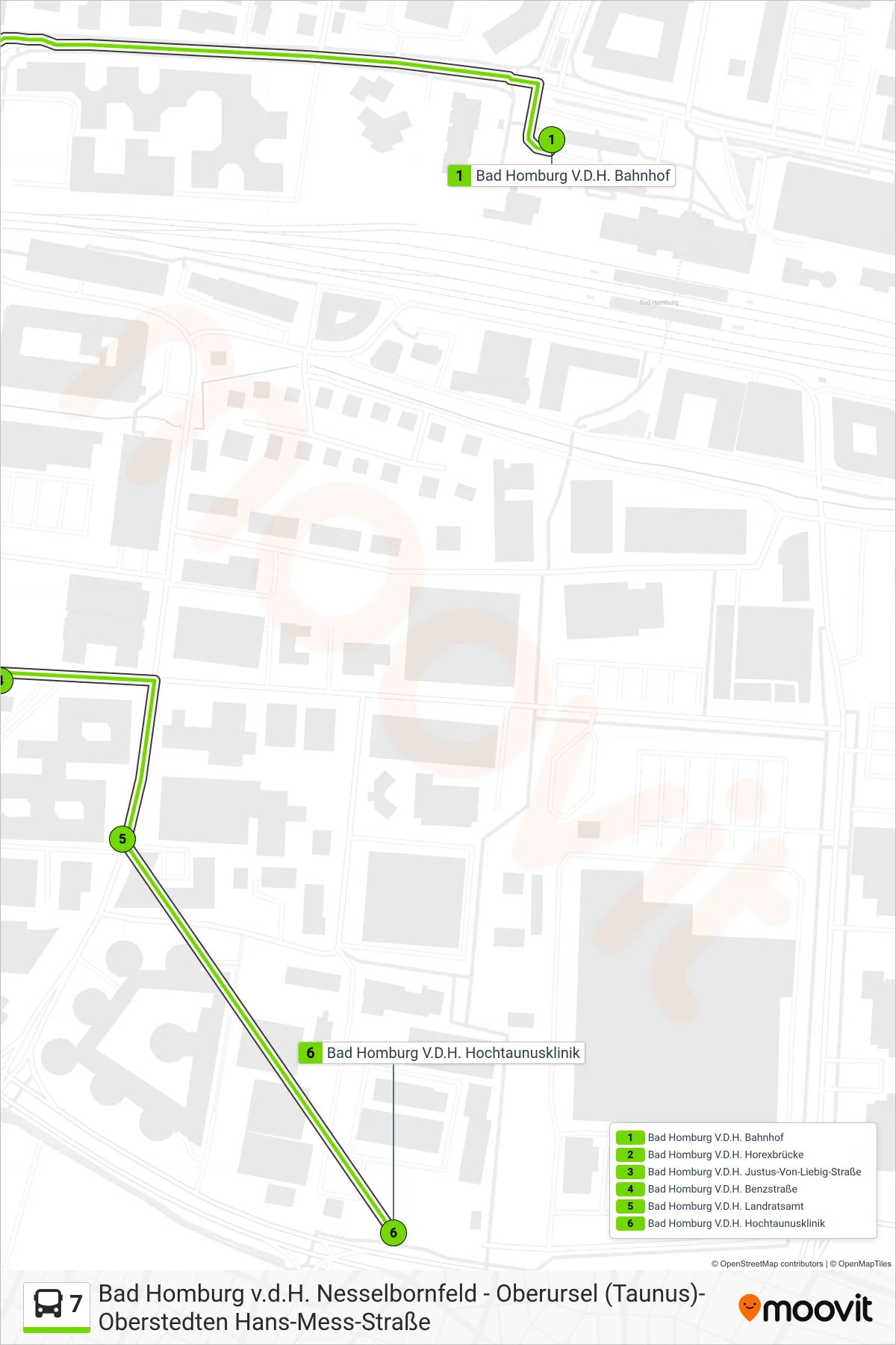 7 bus Line (Bad Homburg V.D.H. Hochtaunusklinik) route and stops on a map