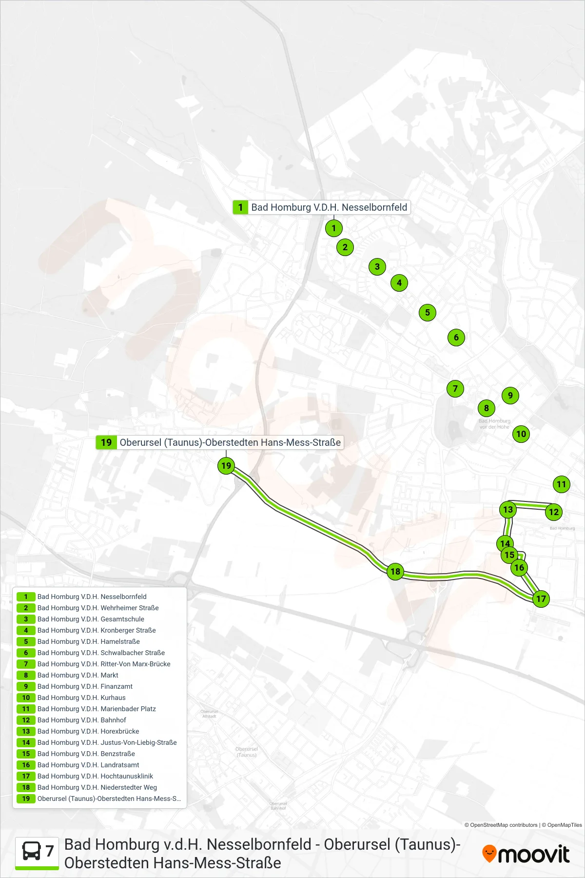 7 bus Line (Oberursel (Taunus)-Oberstedten Hans-Mess-Straße) route and stops on a map