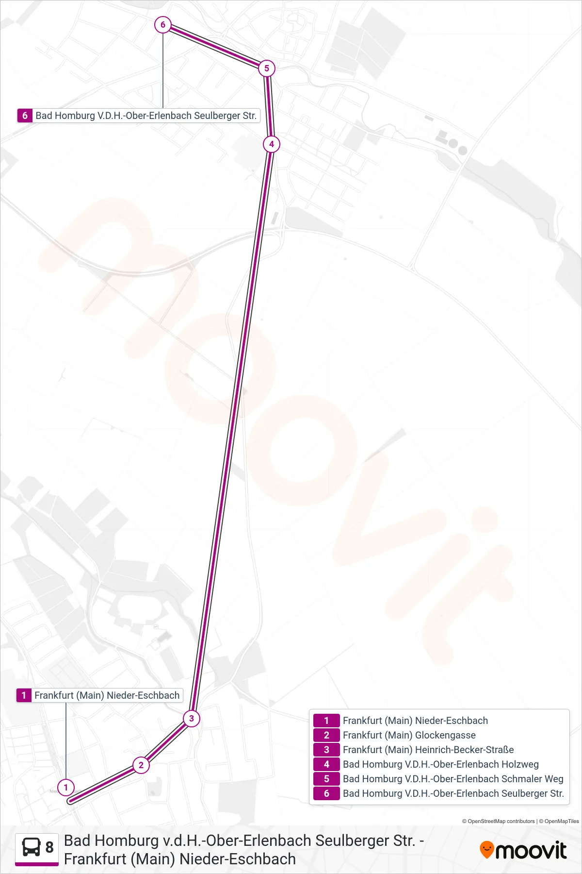 Linie 8 (Bus) Richtung Bad Homburg V.D.H.-Ober-Erlenbach Seulberger Str.: Route und Haltestellen auf der Karte