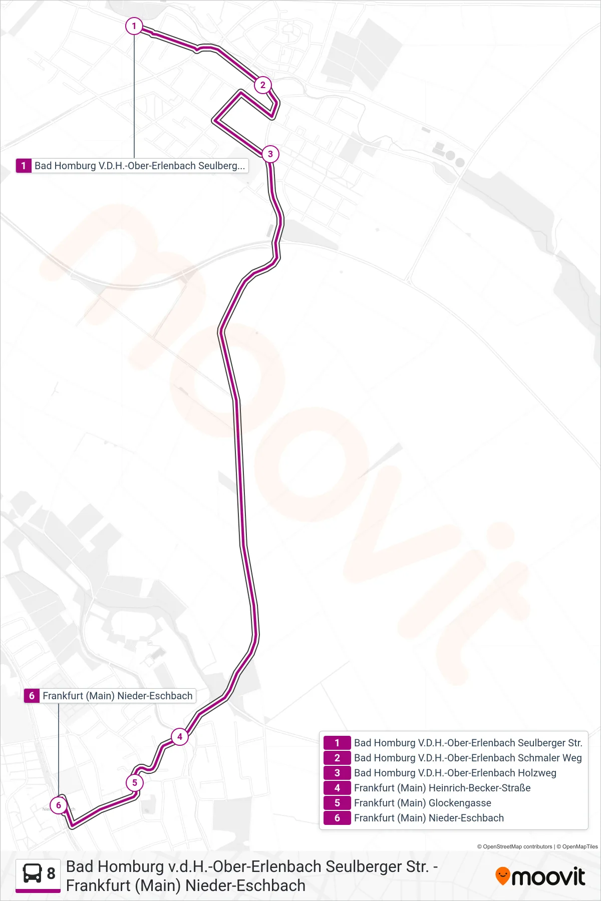 8 bus Line (Frankfurt (Main) Nieder-Eschbach) route and stops on a map