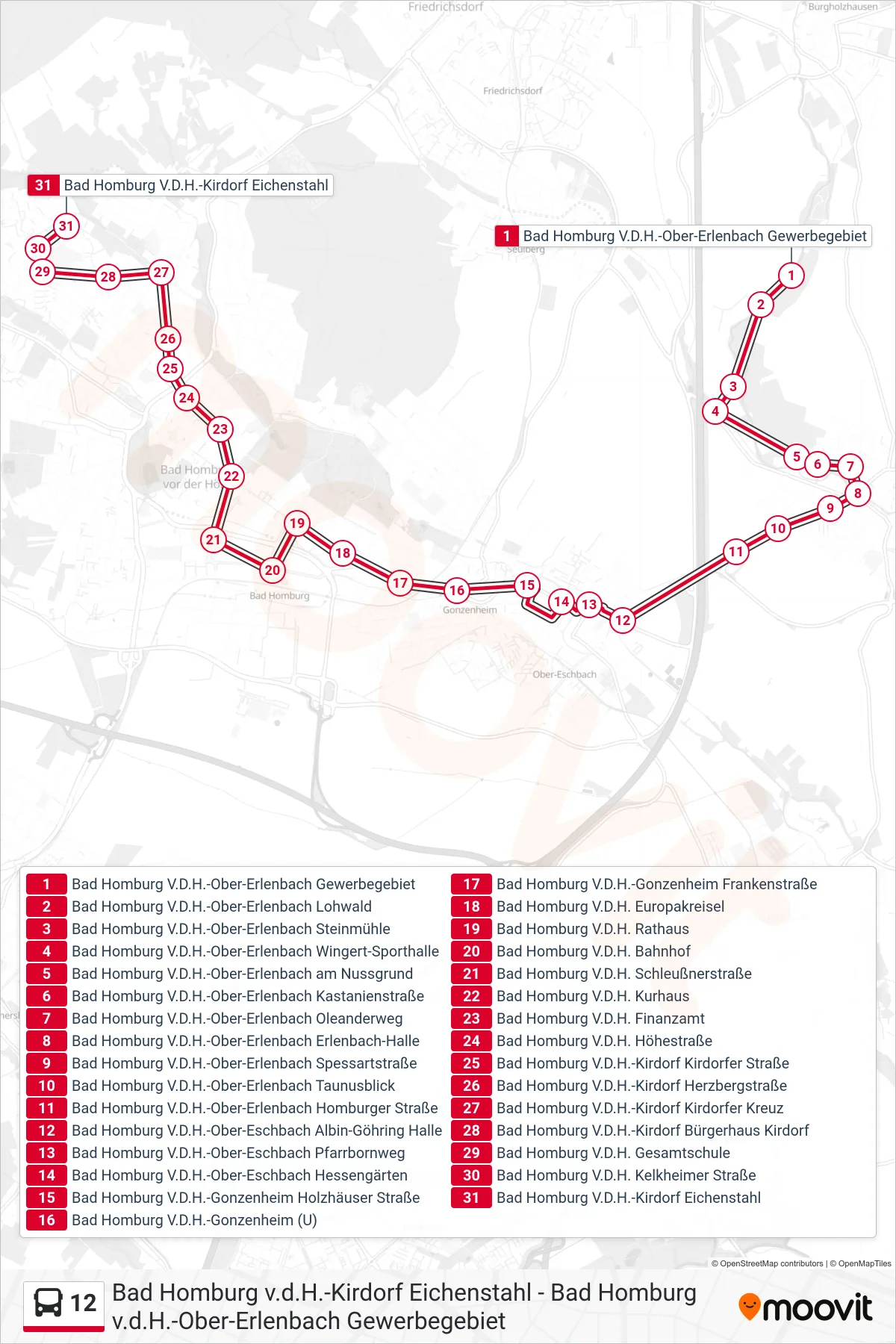 12 bus Line (Bad Homburg V.D.H.-Kirdorf Eichenstahl) route and stops on a map