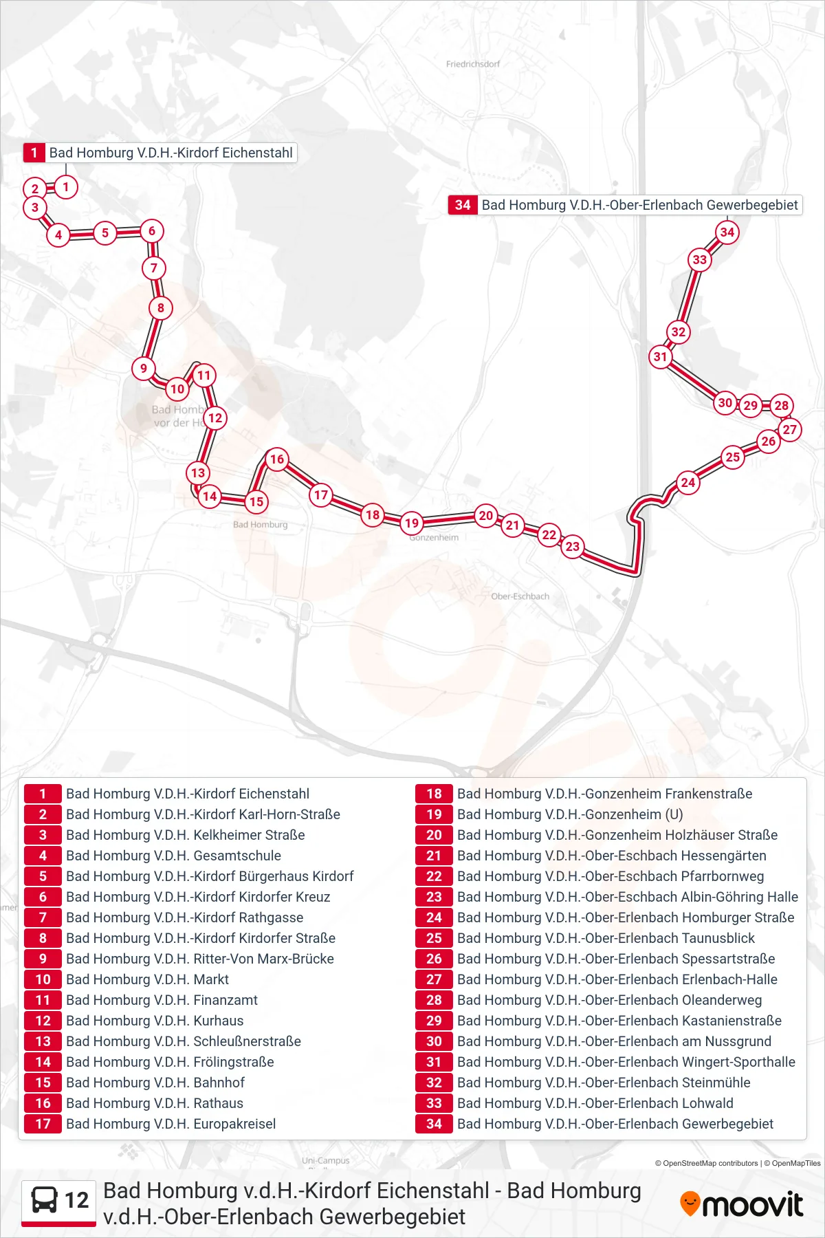 12 bus Line (Bad Homburg V.D.H.-Ober-Erlenbach Gewerbegebiet) route and stops on a map