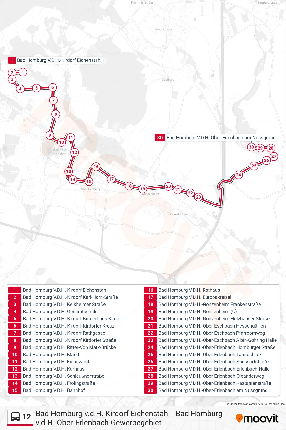 Linie 12 (Bus) Richtung Bad Homburg V.D.H.-Ober-Erlenbach am Nussgrund: Route und Haltestellen auf der Karte