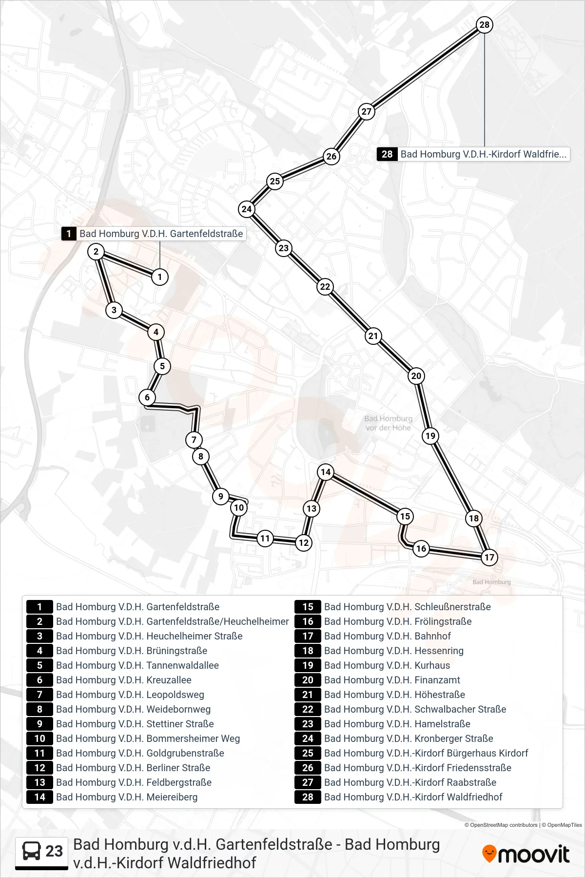 23 bus Line (Bad Homburg V.D.H.-Kirdorf Waldfriedhof) route and stops on a map