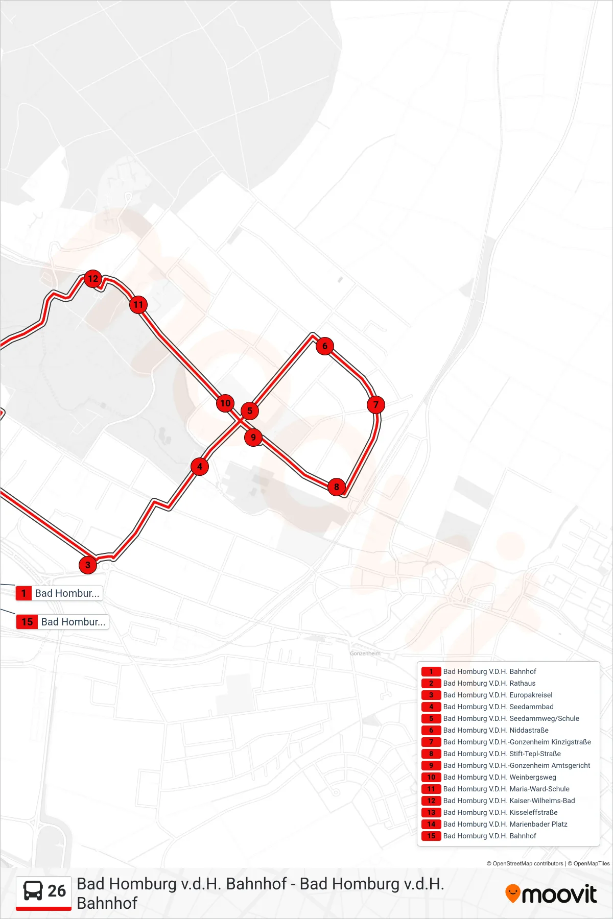 Linie 26 (Bus) Richtung Bad Homburg V.D.H. Bahnhof: Route und Haltestellen auf der Karte