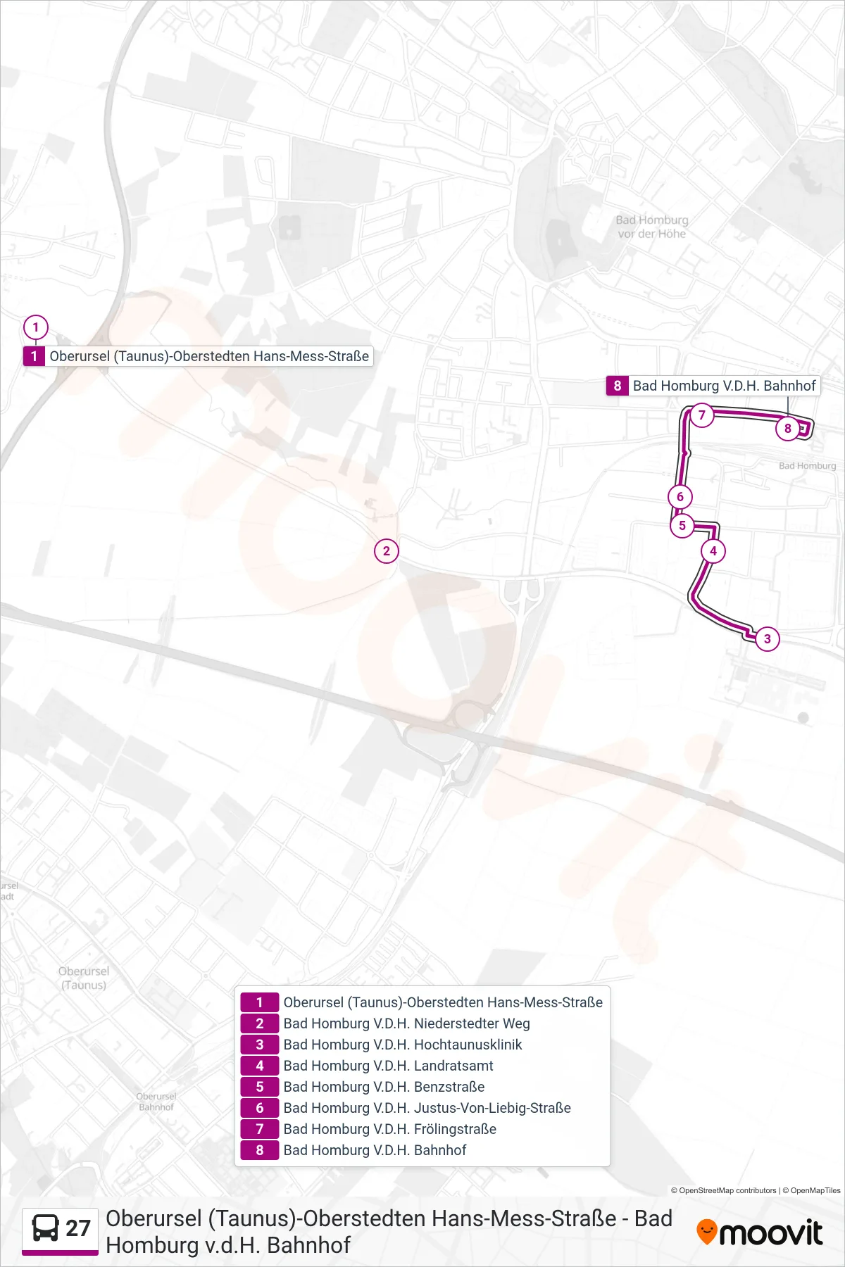 27 bus Line (Bad Homburg V.D.H. Bahnhof) route and stops on a map
