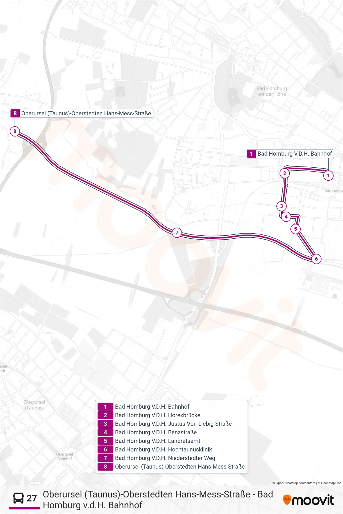Linie 27 (Bus) Richtung Oberursel (Taunus)-Oberstedten Hans-Mess-Straße: Route und Haltestellen auf der Karte