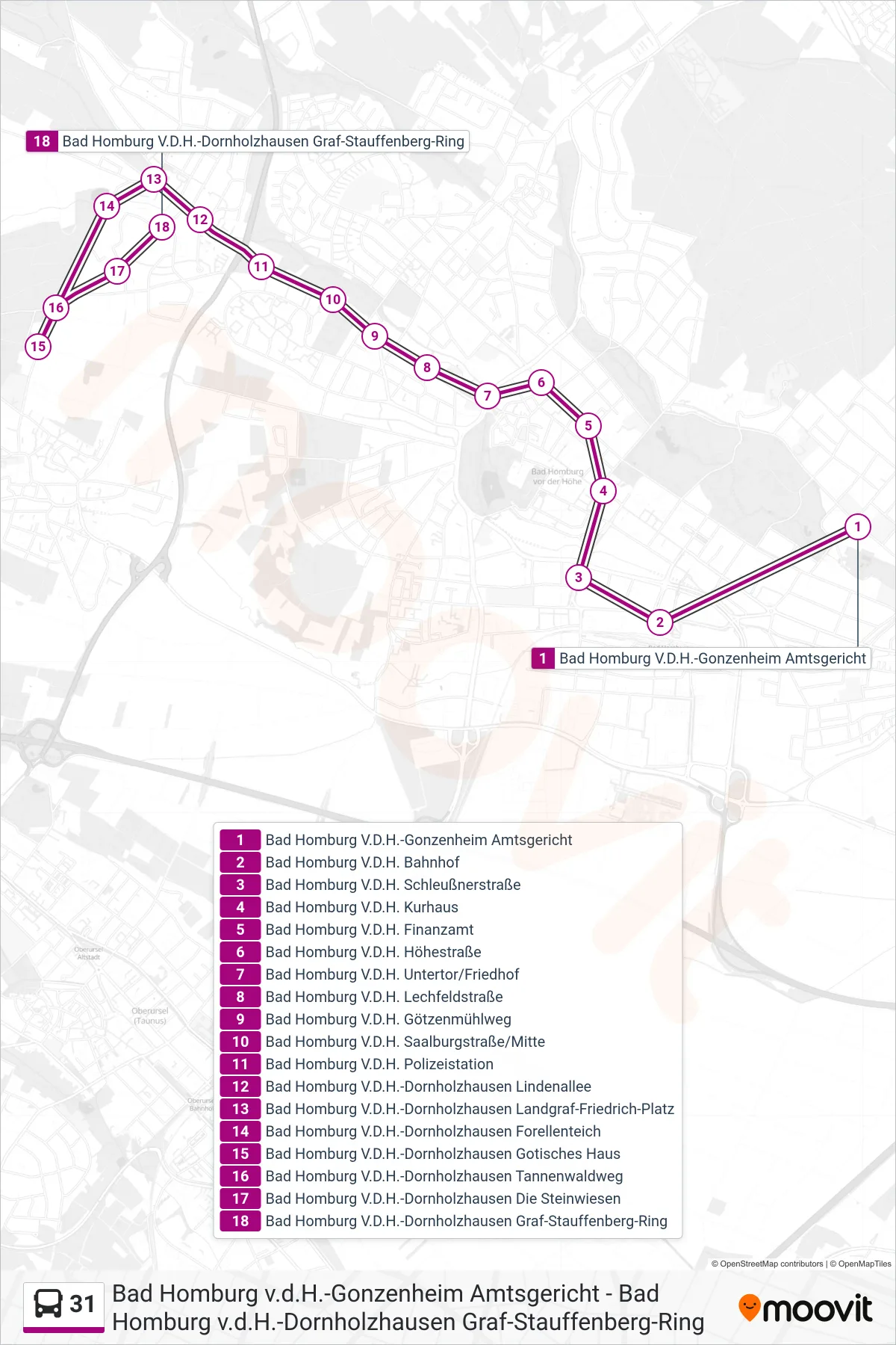 Linie 31 (Bus) Richtung Bad Homburg V.D.H.-Dornholzhausen Graf-Stauffenberg-Ring: Route und Haltestellen auf der Karte