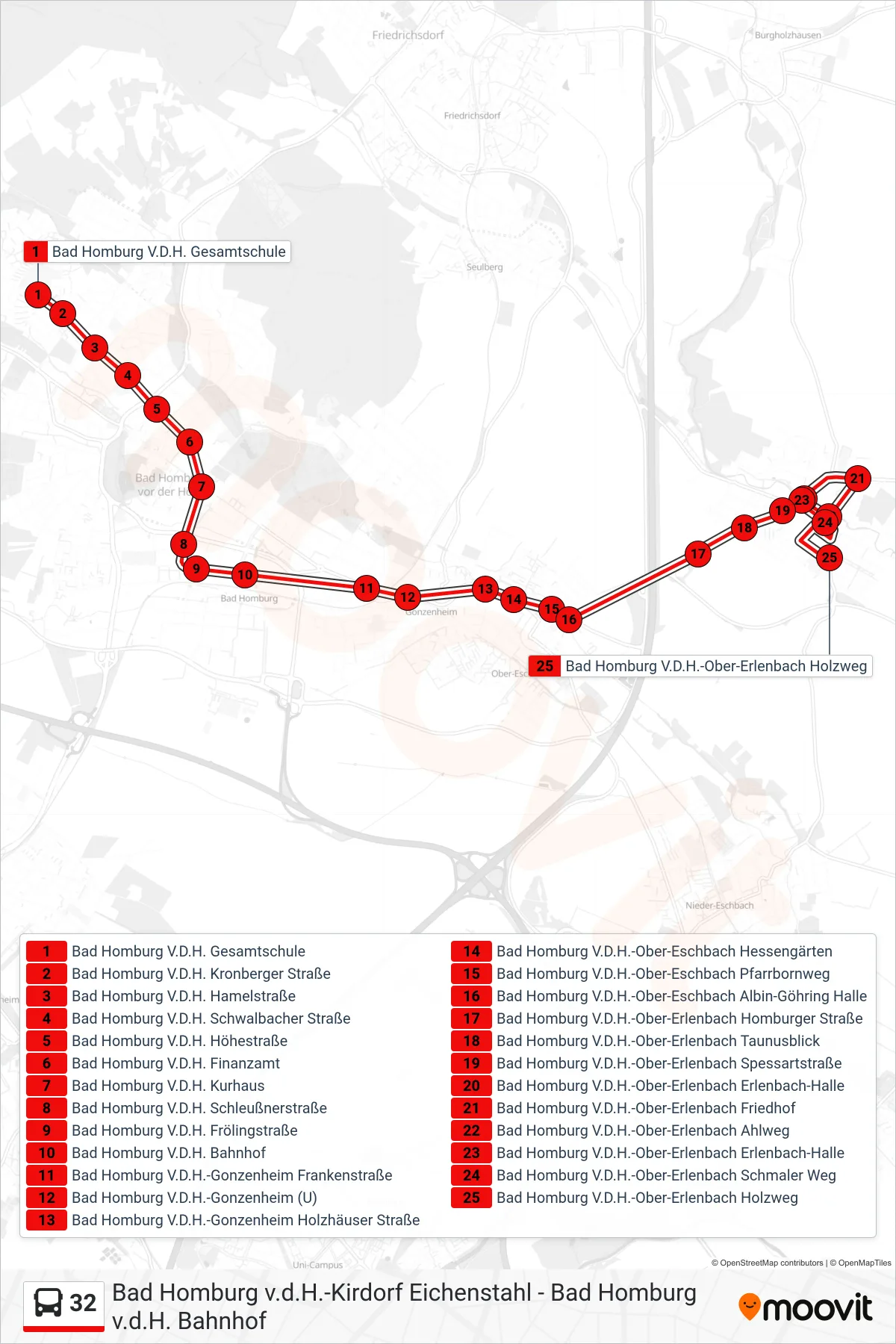 Linie 32 (Bus) Richtung Bad Homburg V.D.H.-Ober-Erlenbach Holzweg: Route und Haltestellen auf der Karte
