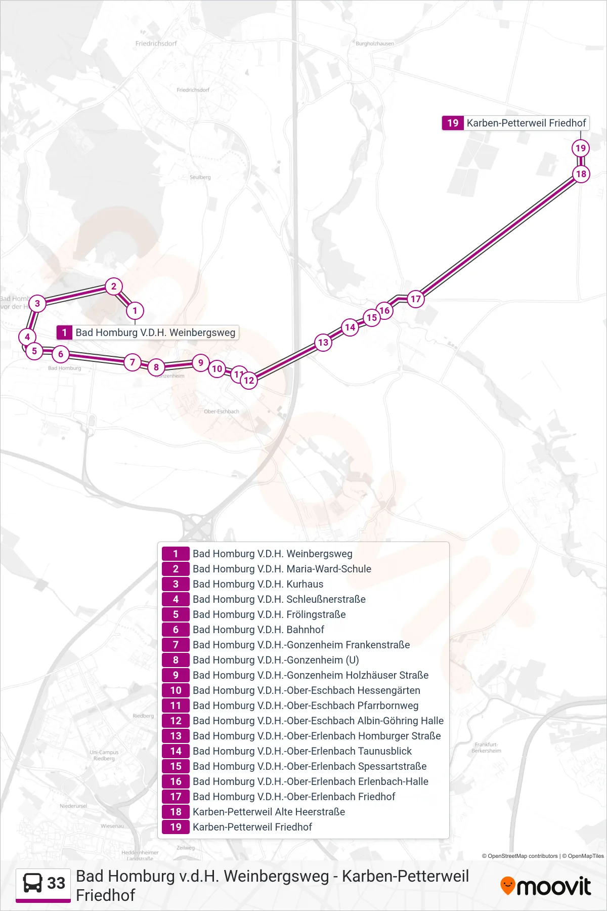 33 bus Line (Karben-Petterweil Friedhof) route and stops on a map