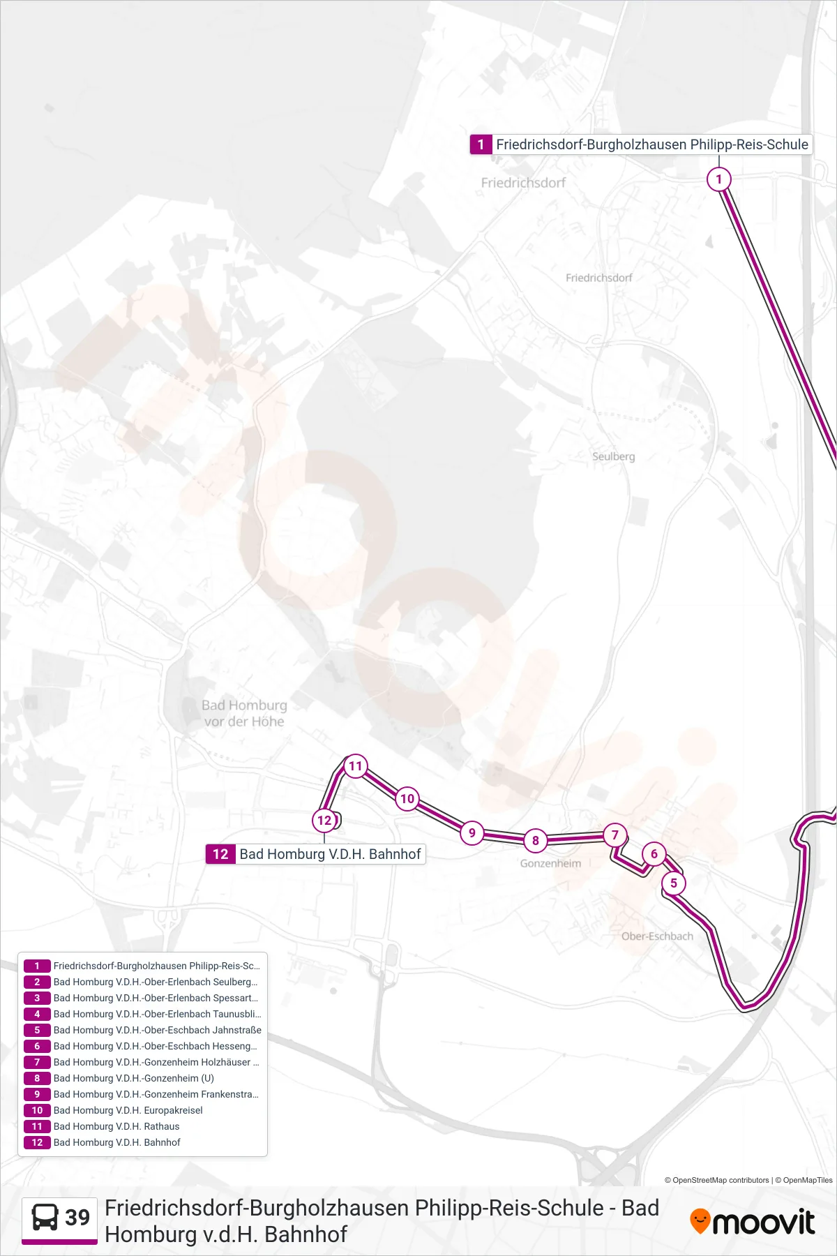 39 bus Line (Bad Homburg V.D.H. Bahnhof) route and stops on a map