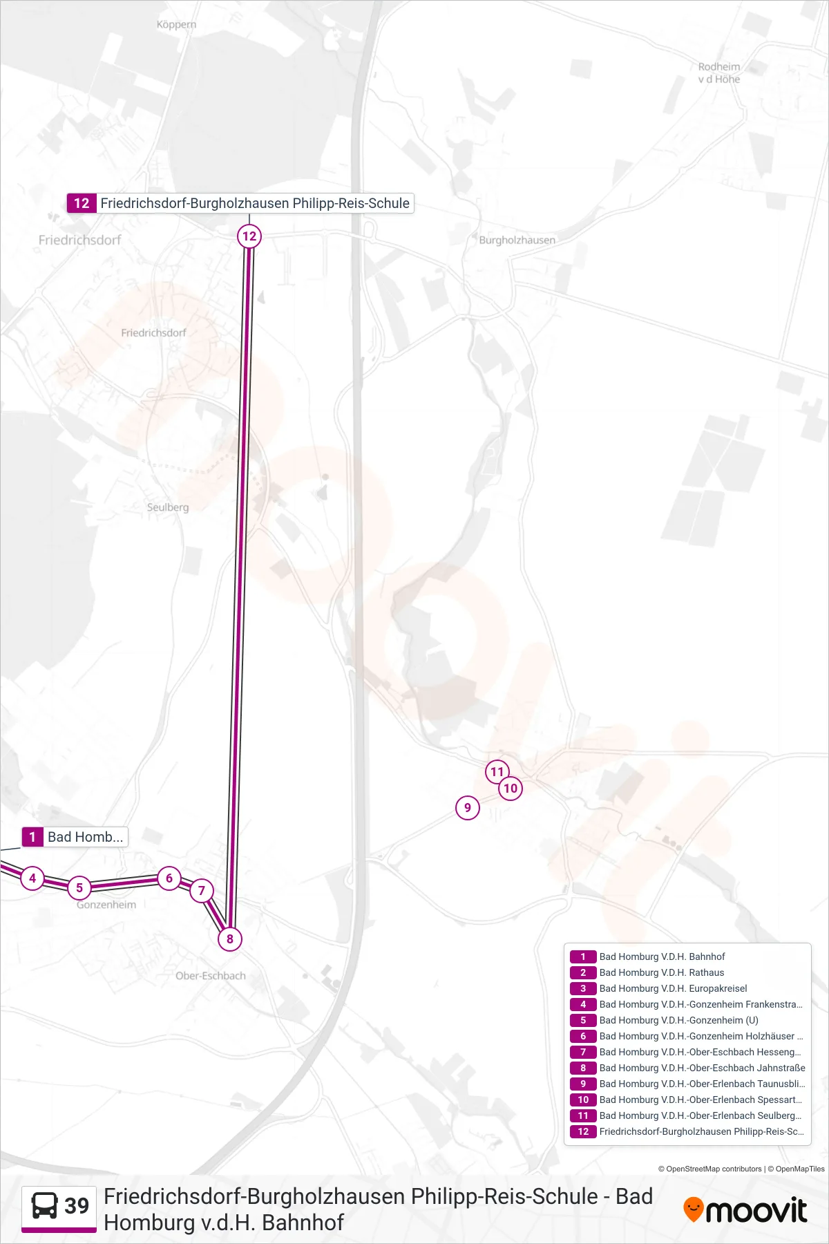 Linie 39 (Bus) Richtung Friedrichsdorf-Burgholzhausen Philipp-Reis-Schule: Route und Haltestellen auf der Karte
