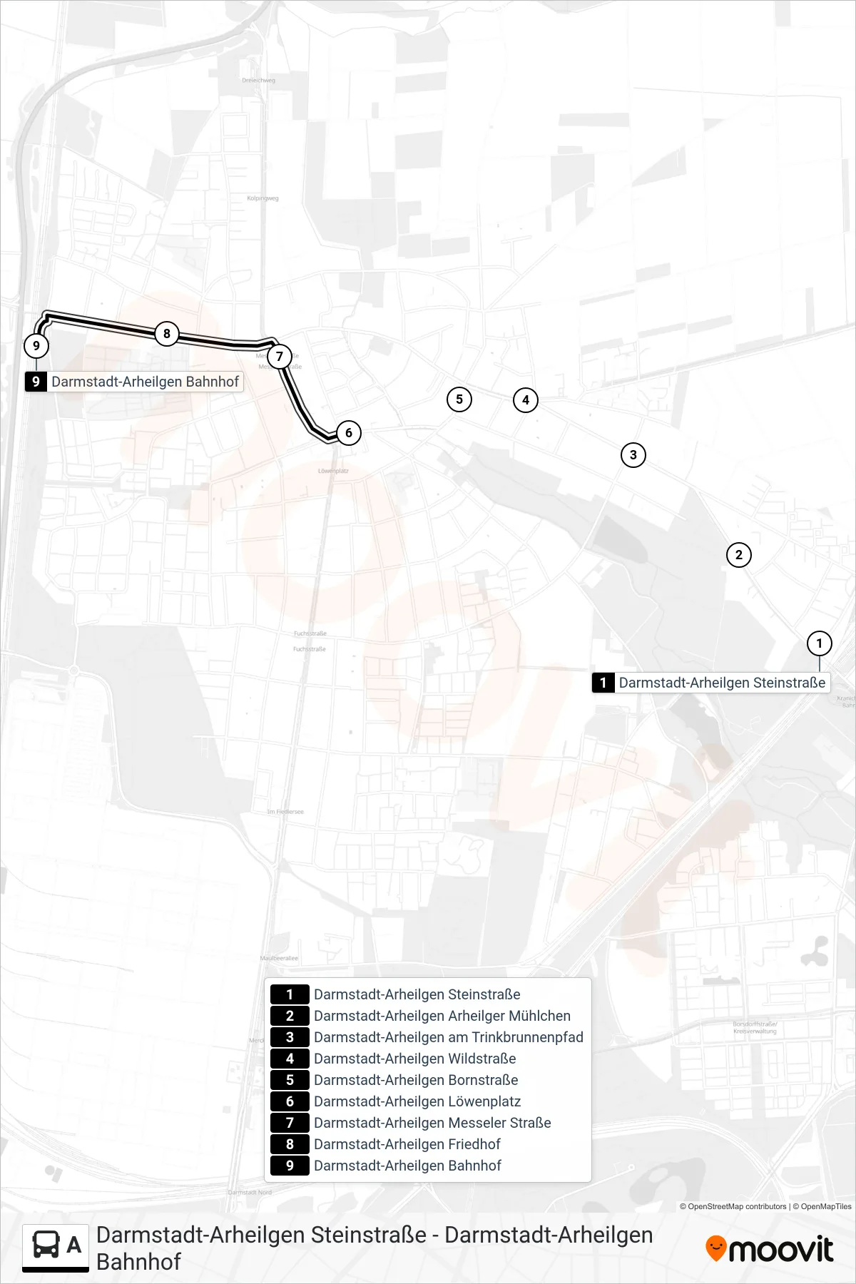 Linie A (Bus) Richtung Darmstadt-Arheilgen Bahnhof: Route und Haltestellen auf der Karte