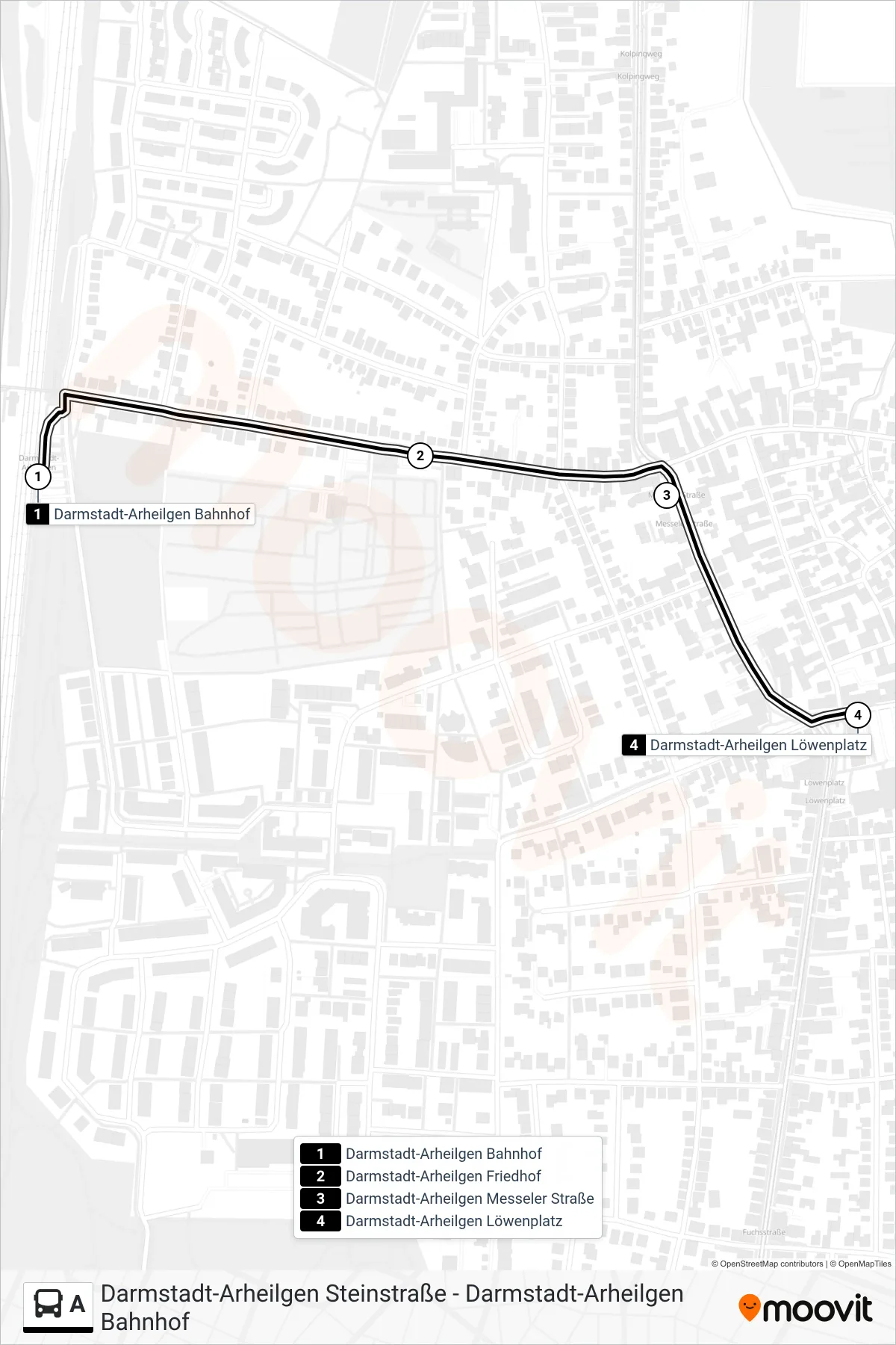 A bus Line (Darmstadt-Arheilgen Löwenplatz) route and stops on a map
