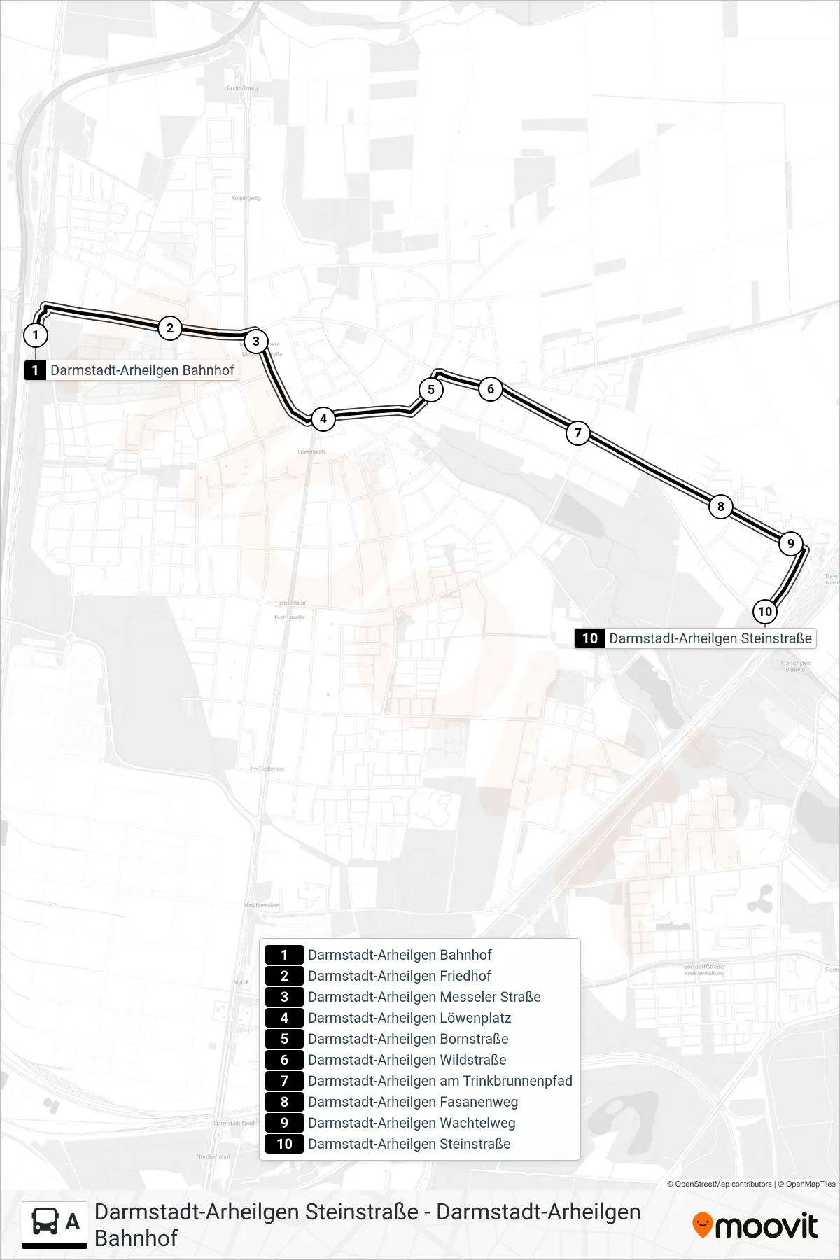 Linie A (Bus) Richtung Darmstadt-Arheilgen Steinstraße: Route und Haltestellen auf der Karte