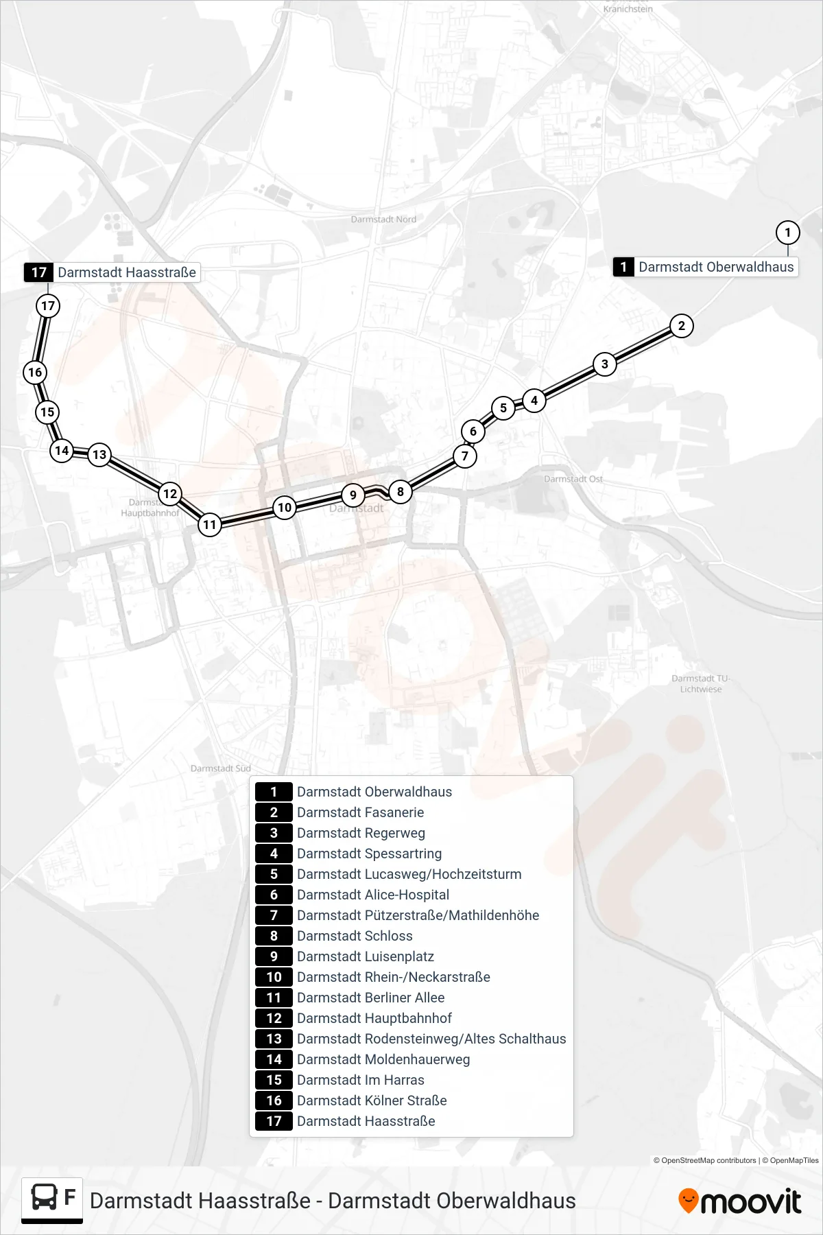 F bus Line (Darmstadt Haasstraße) route and stops on a map