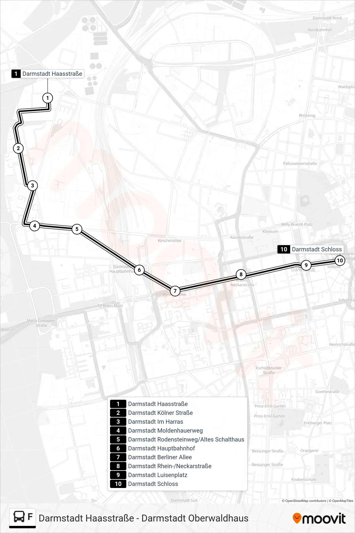 F bus Line (Darmstadt Schloss) route and stops on a map