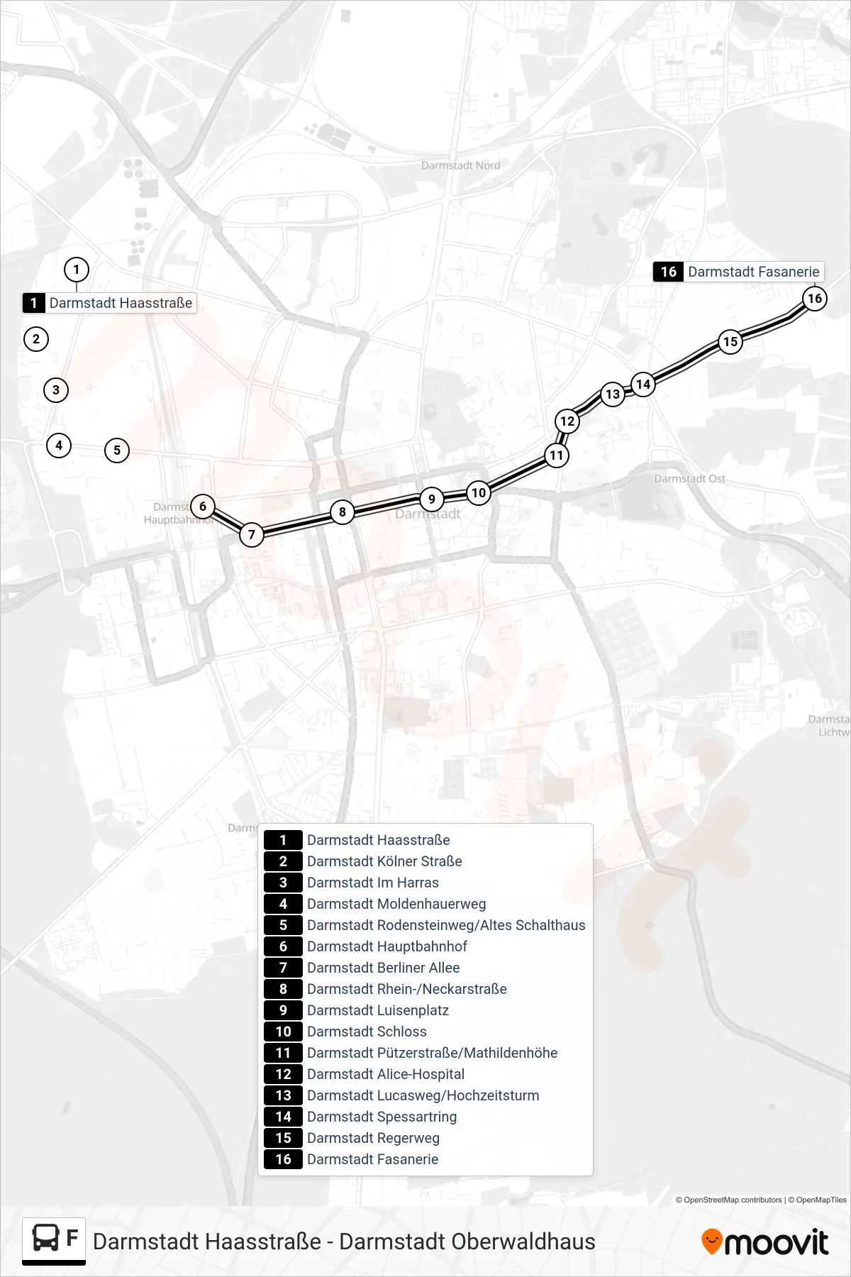F bus Line (Darmstadt Fasanerie) route and stops on a map