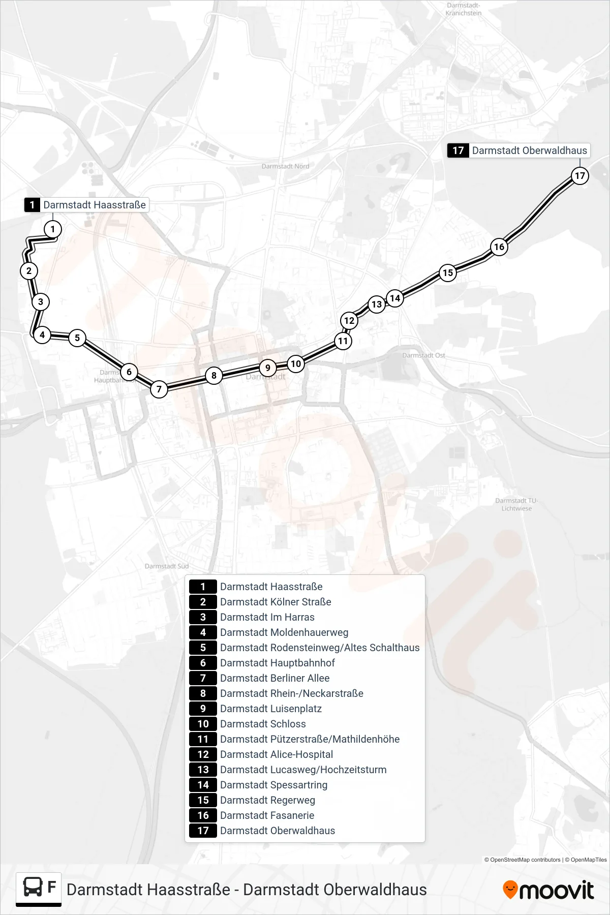 Linie F (Bus) Richtung Darmstadt Oberwaldhaus: Route und Haltestellen auf der Karte