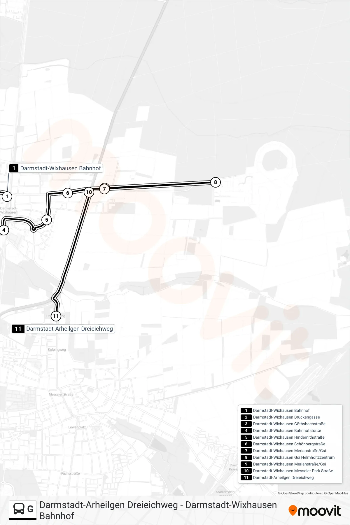 Linie G (Bus) Richtung Darmstadt-Arheilgen Dreieichweg: Route und Haltestellen auf der Karte
