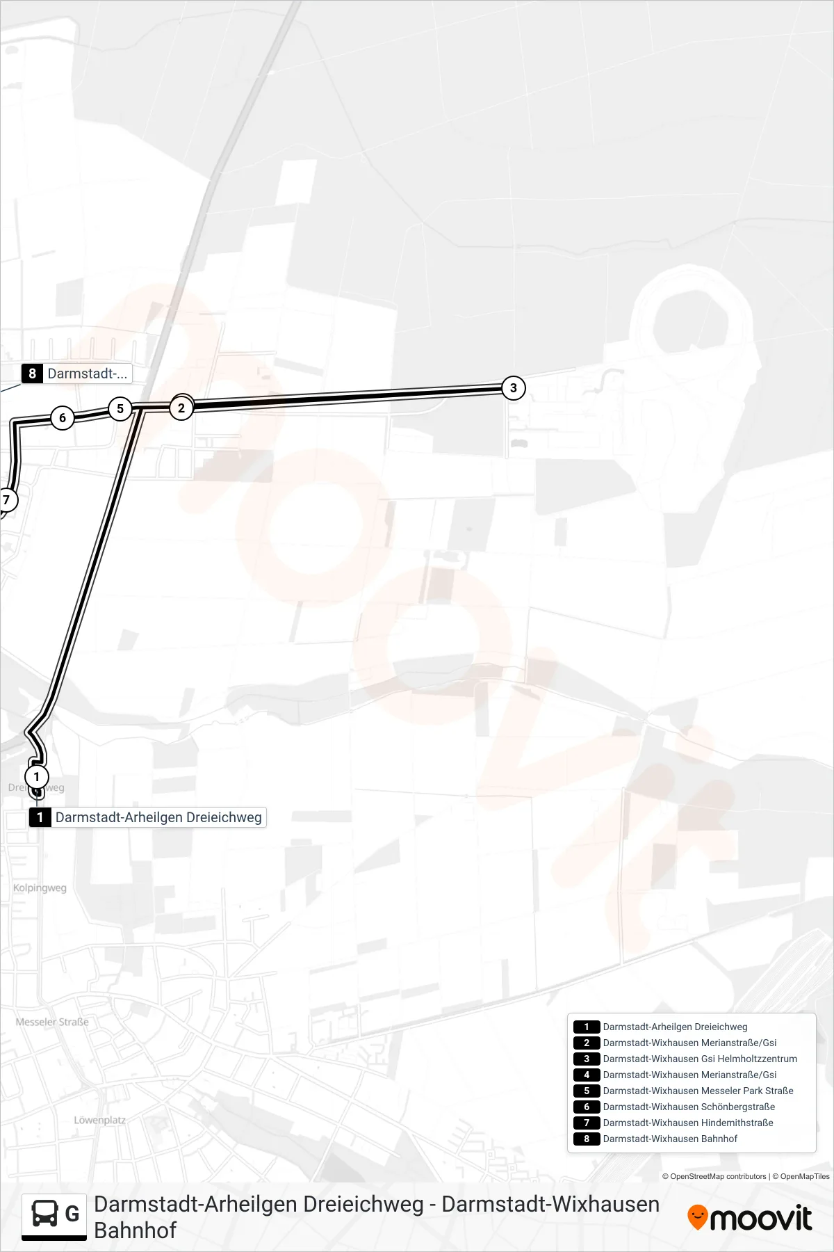 G bus Line (Darmstadt-Wixhausen Bahnhof) route and stops on a map