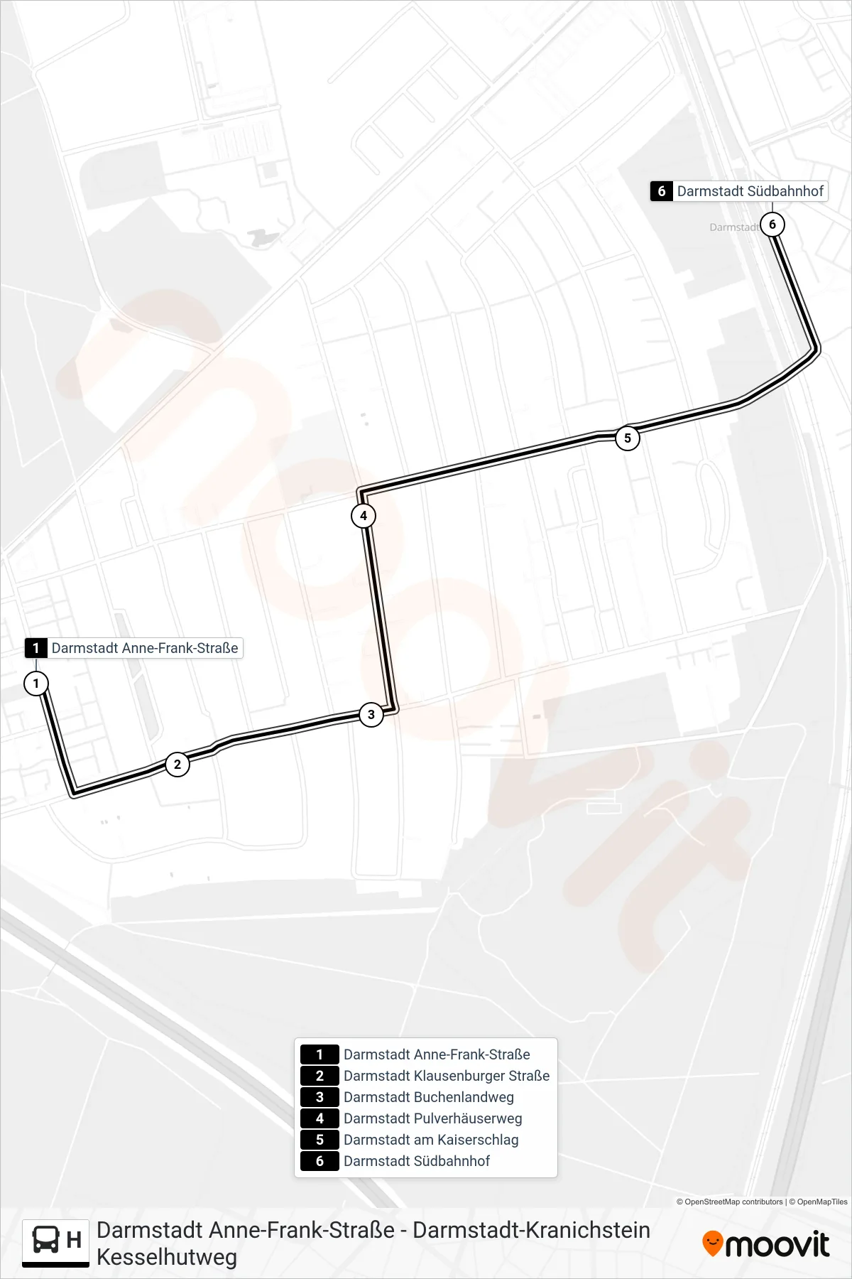 H bus Line (Darmstadt Südbahnhof) route and stops on a map