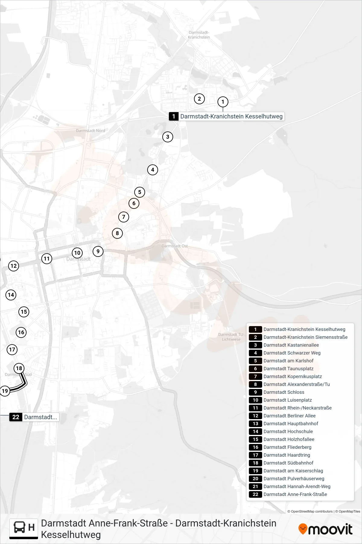 H bus Line (Darmstadt Anne-Frank-Straße) route and stops on a map