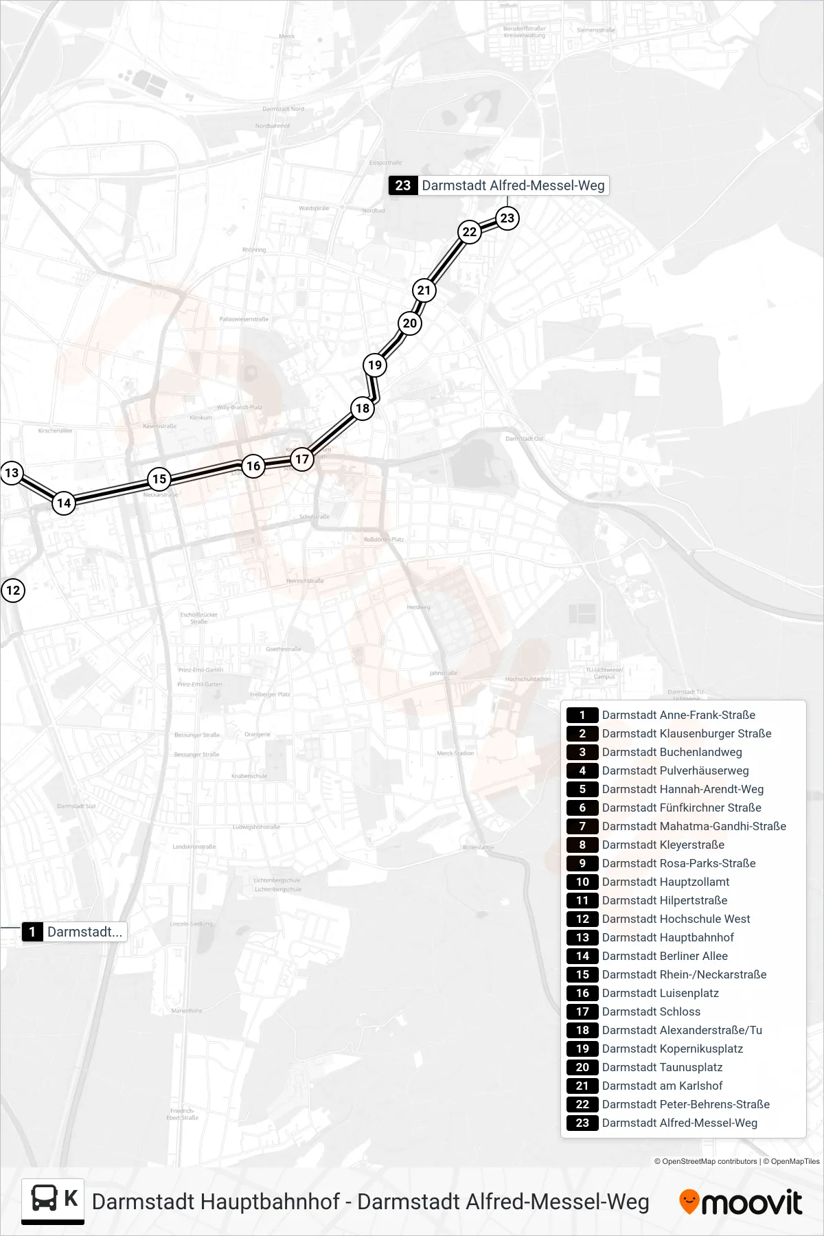 K bus Line (Darmstadt Alfred-Messel-Weg) route and stops on a map