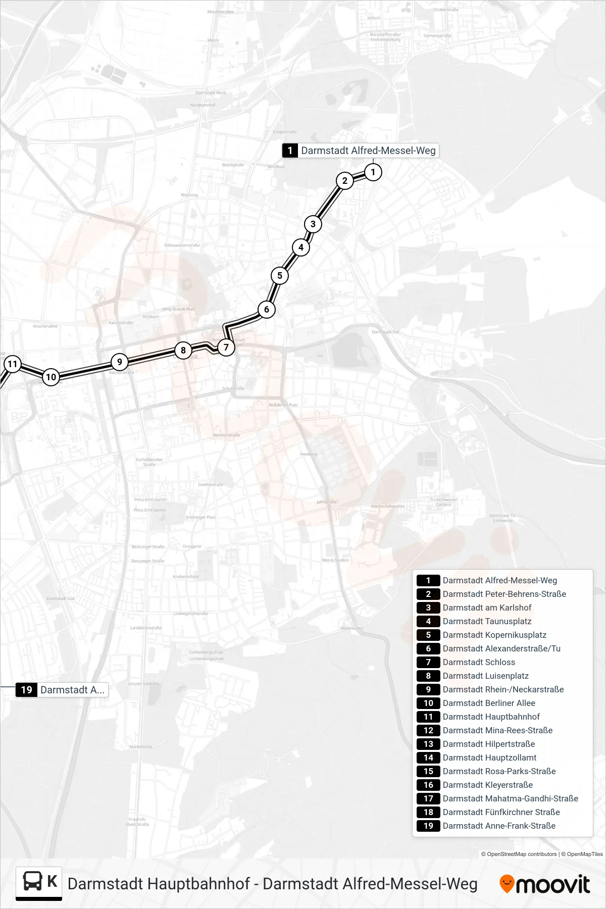 K bus Line (Darmstadt Anne-Frank-Straße) route and stops on a map