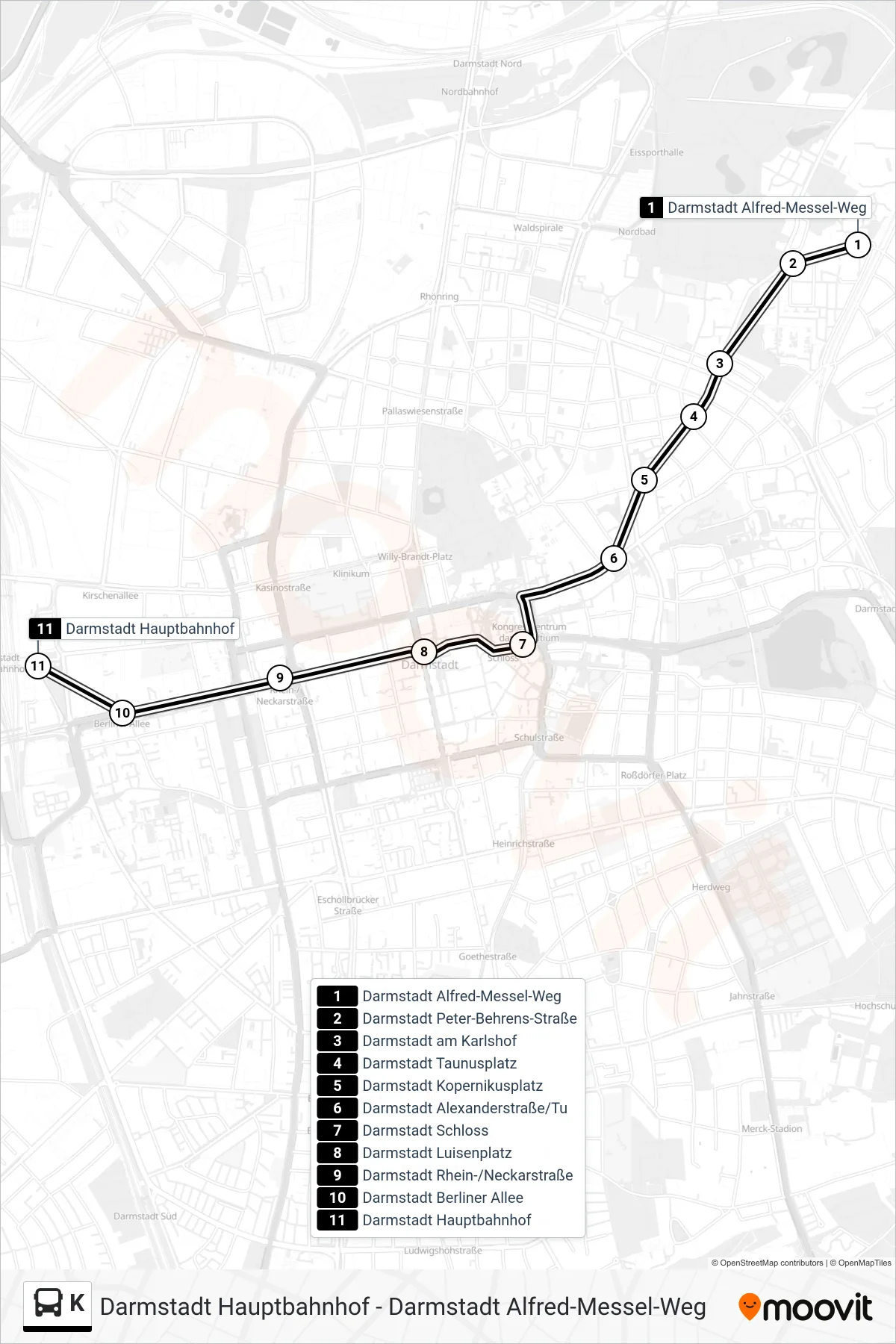 Linie K (Bus) Richtung Darmstadt Hauptbahnhof: Route und Haltestellen auf der Karte