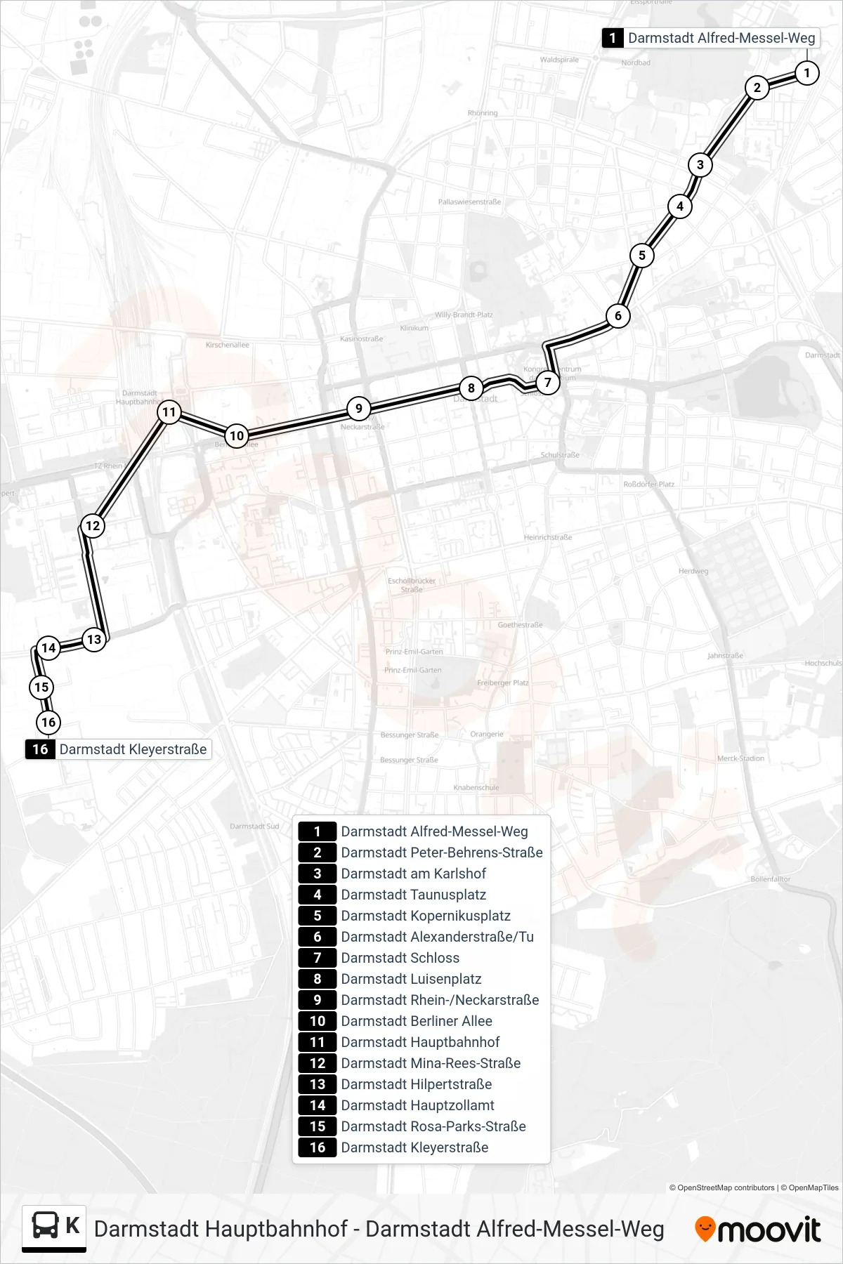 K bus Line (Darmstadt Kleyerstraße) route and stops on a map