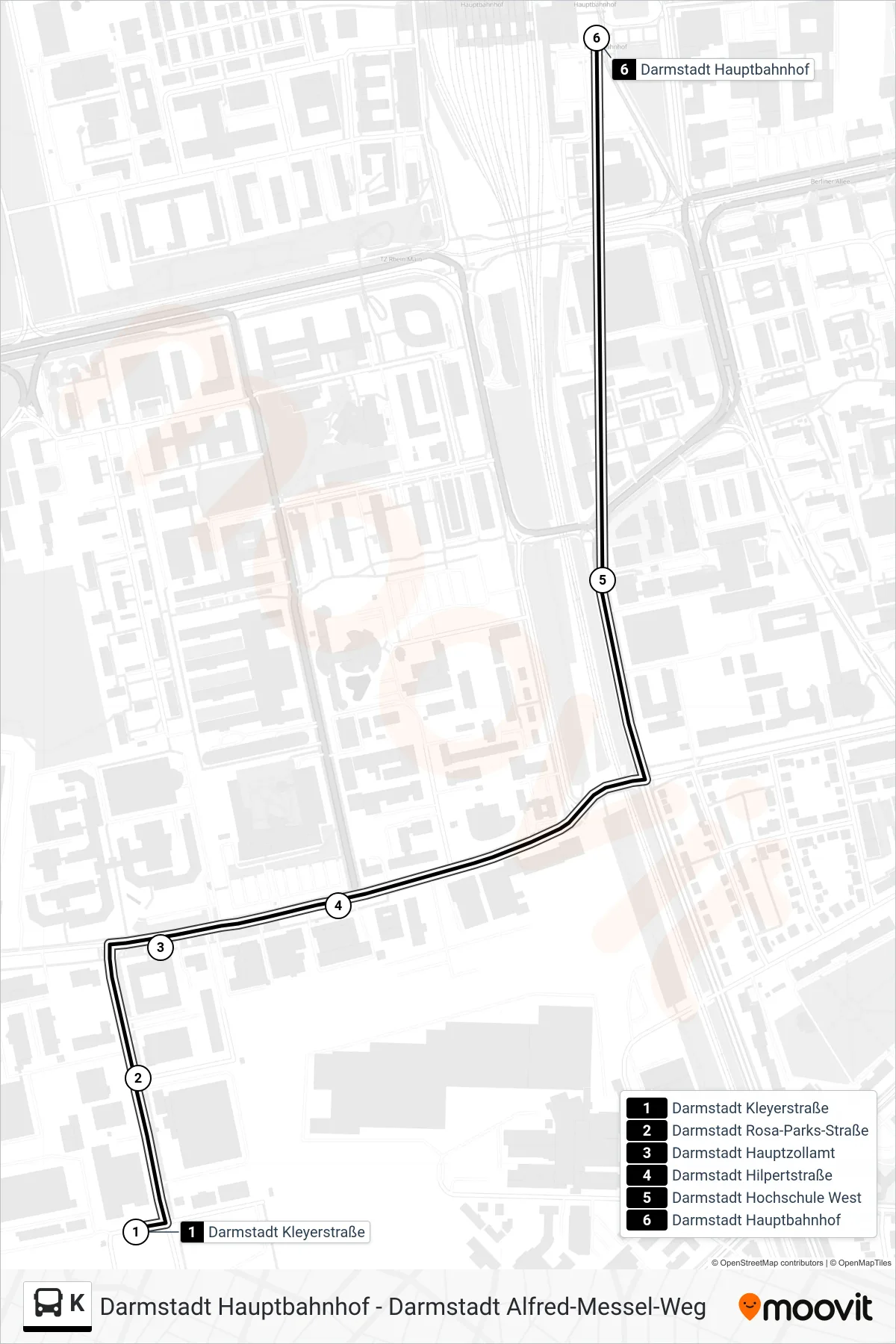 K bus Line (Darmstadt Hauptbahnhof) route and stops on a map
