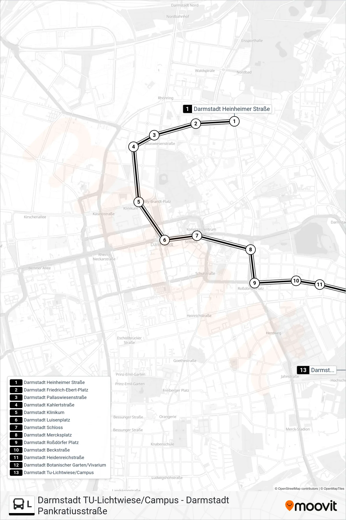 L bus Line (Darmstadt Tu-Lichtwiese/Campus) route and stops on a map