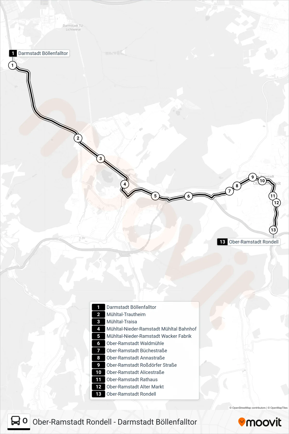 Linie O (Bus) Richtung Ober-Ramstadt Rondell: Route und Haltestellen auf der Karte