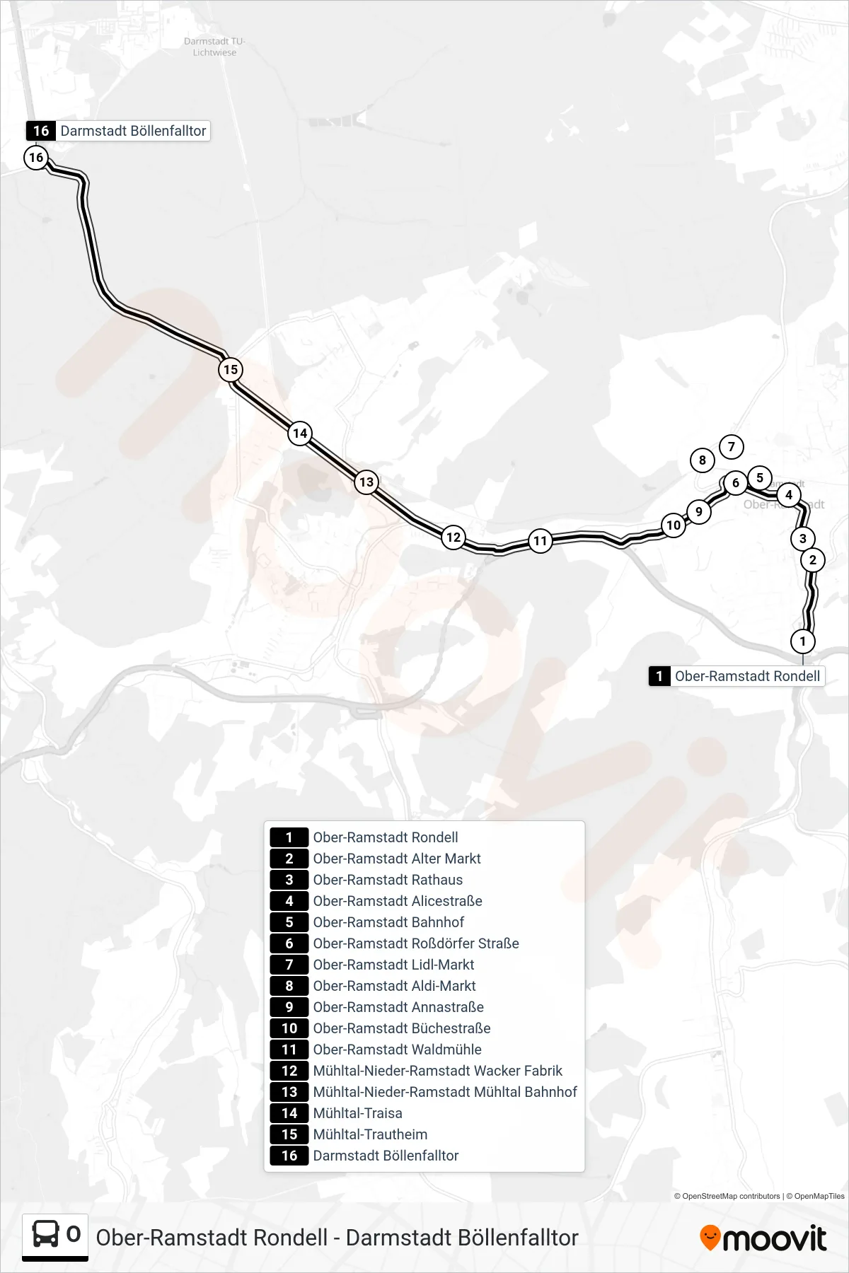 O bus Line (Darmstadt Böllenfalltor) route and stops on a map
