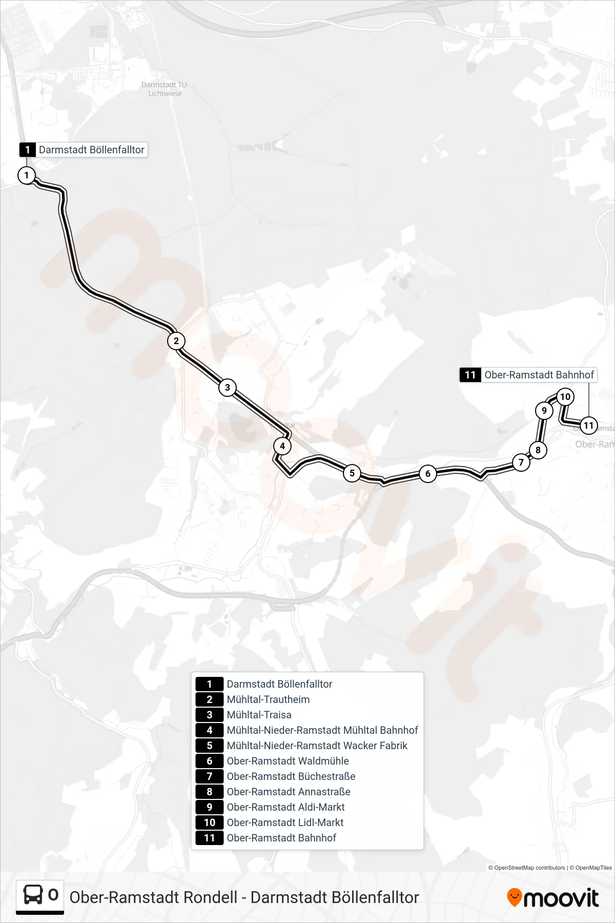 O bus Line (Ober-Ramstadt Bahnhof) route and stops on a map