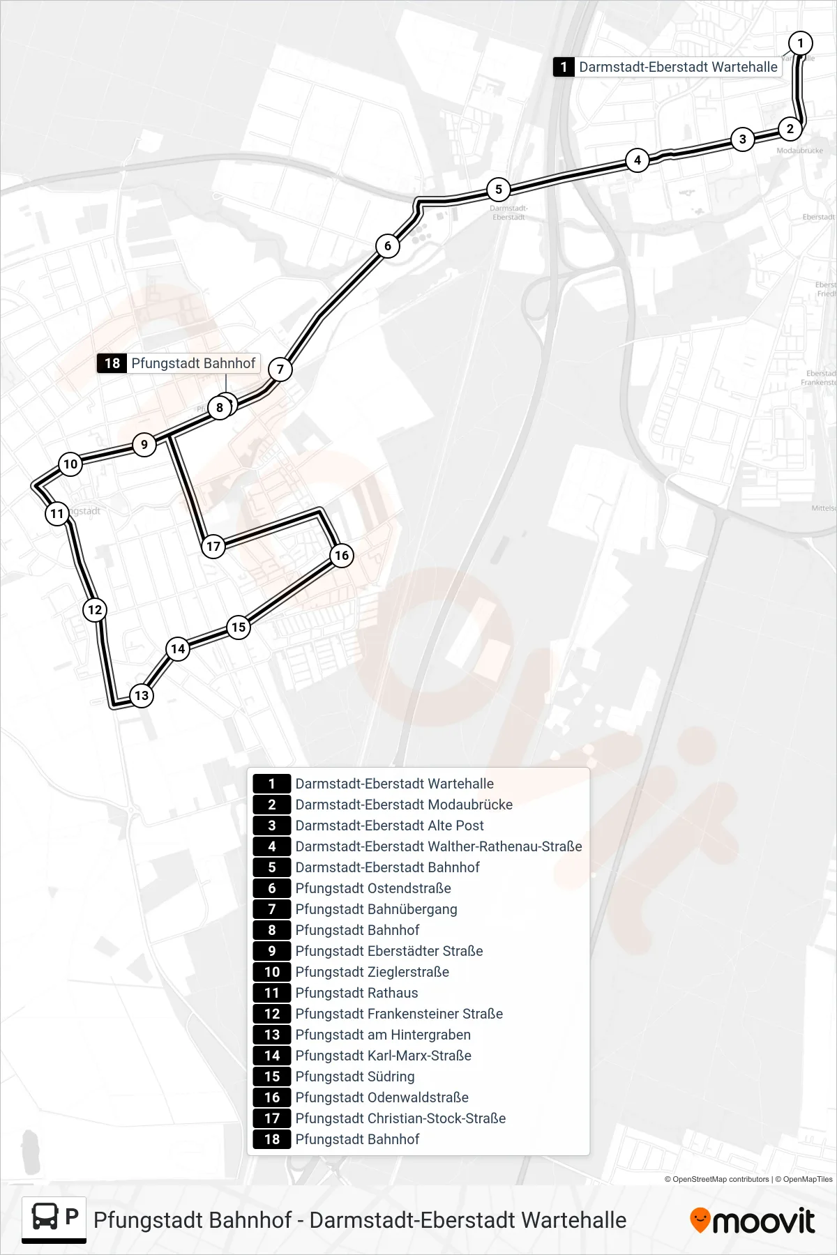 P bus Line (Pfungstadt Bahnhof) route and stops on a map