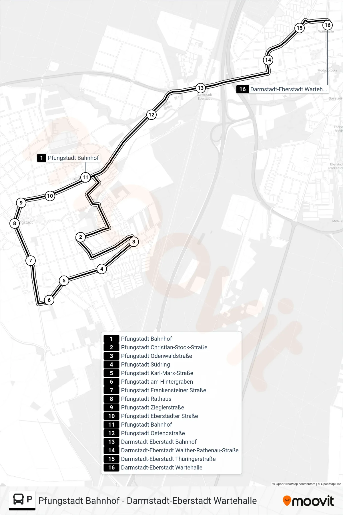 P bus Line (Darmstadt-Eberstadt Wartehalle) route and stops on a map