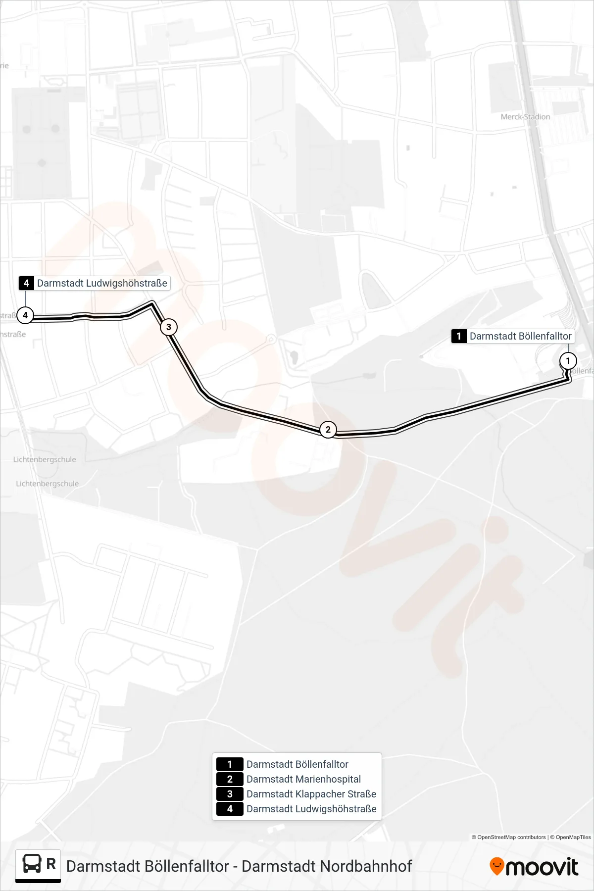 Linie R (Bus) Richtung Darmstadt Ludwigshöhstraße: Route und Haltestellen auf der Karte