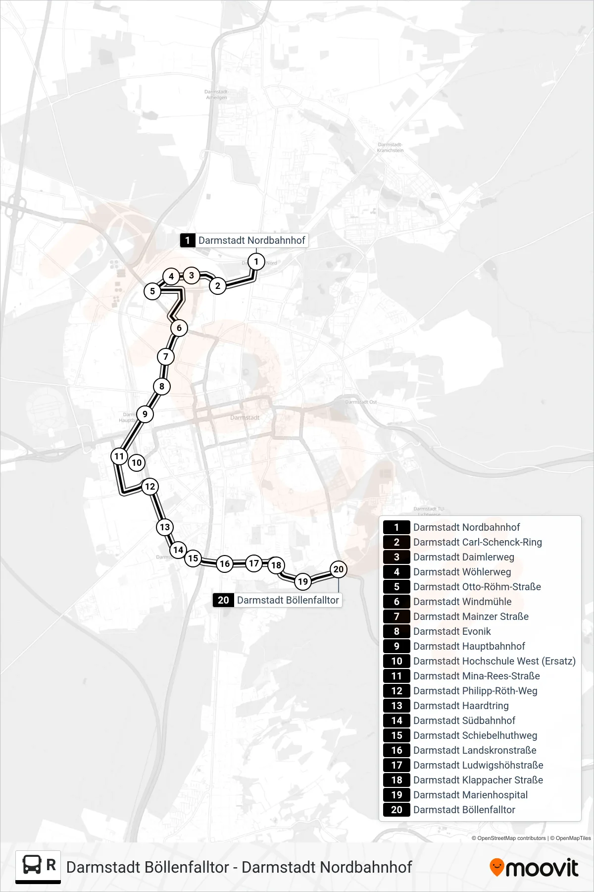R bus Line (Darmstadt Böllenfalltor) route and stops on a map