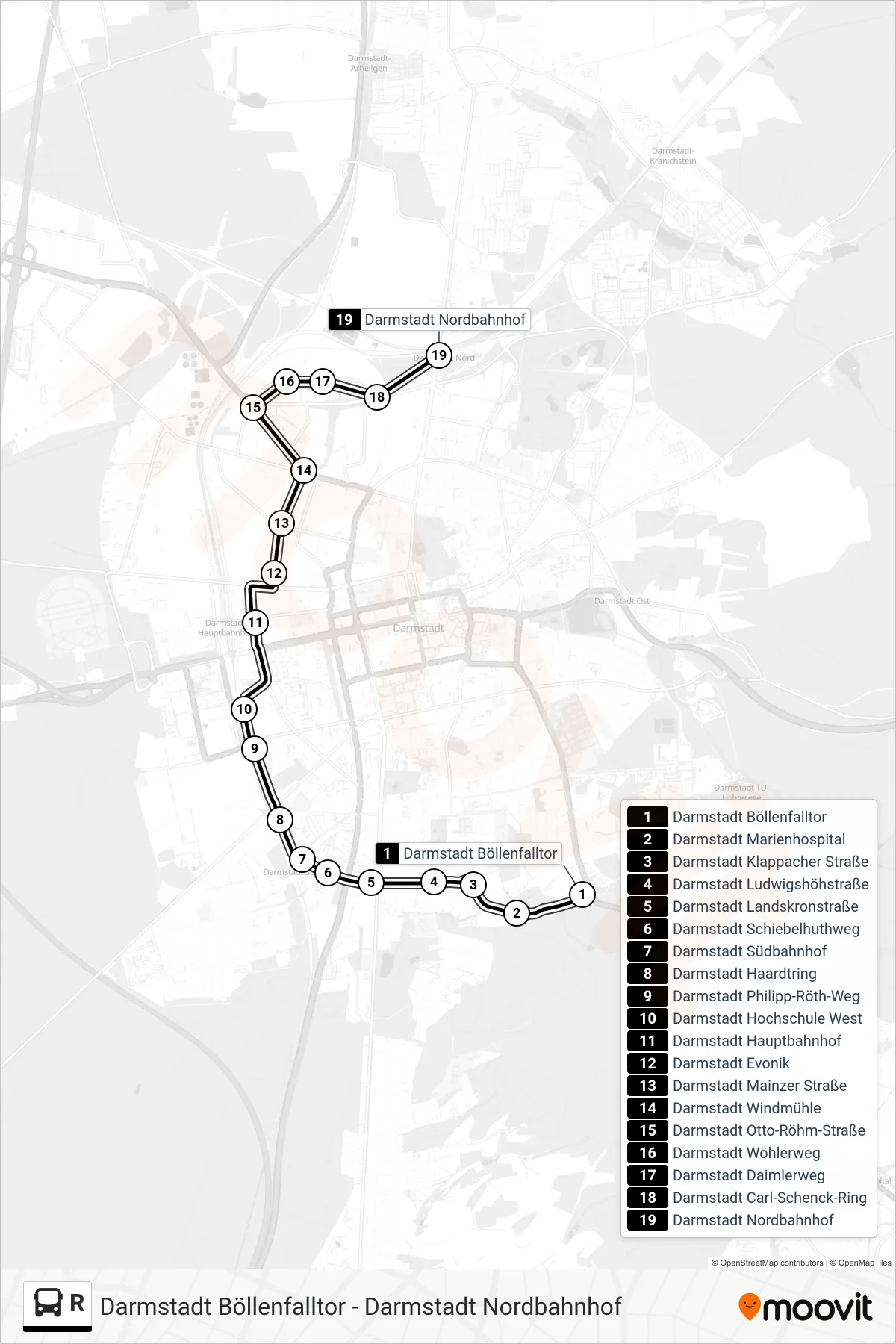 R bus Line (Darmstadt Nordbahnhof) route and stops on a map