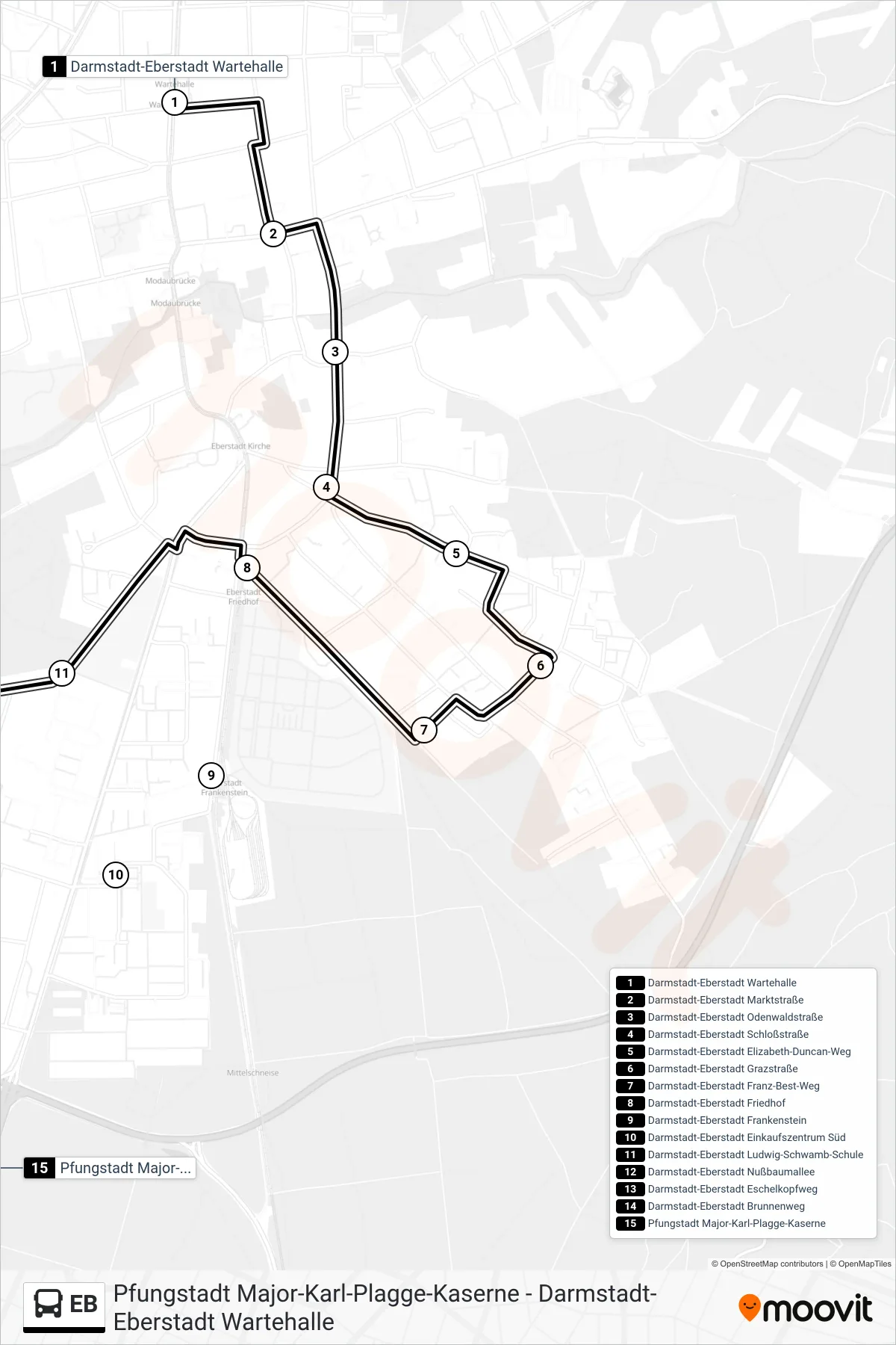 Linie EB (Bus) Richtung Pfungstadt Major-Karl-Plagge-Kaserne: Route und Haltestellen auf der Karte