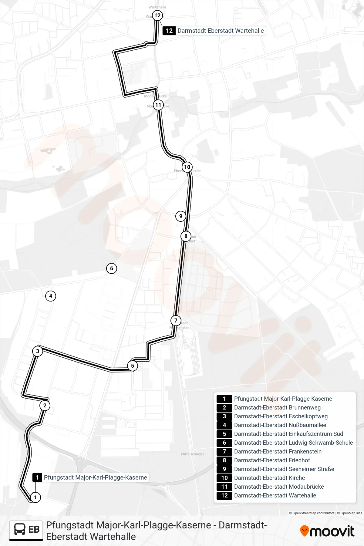Linie EB (Bus) Richtung Darmstadt-Eberstadt Wartehalle: Route und Haltestellen auf der Karte