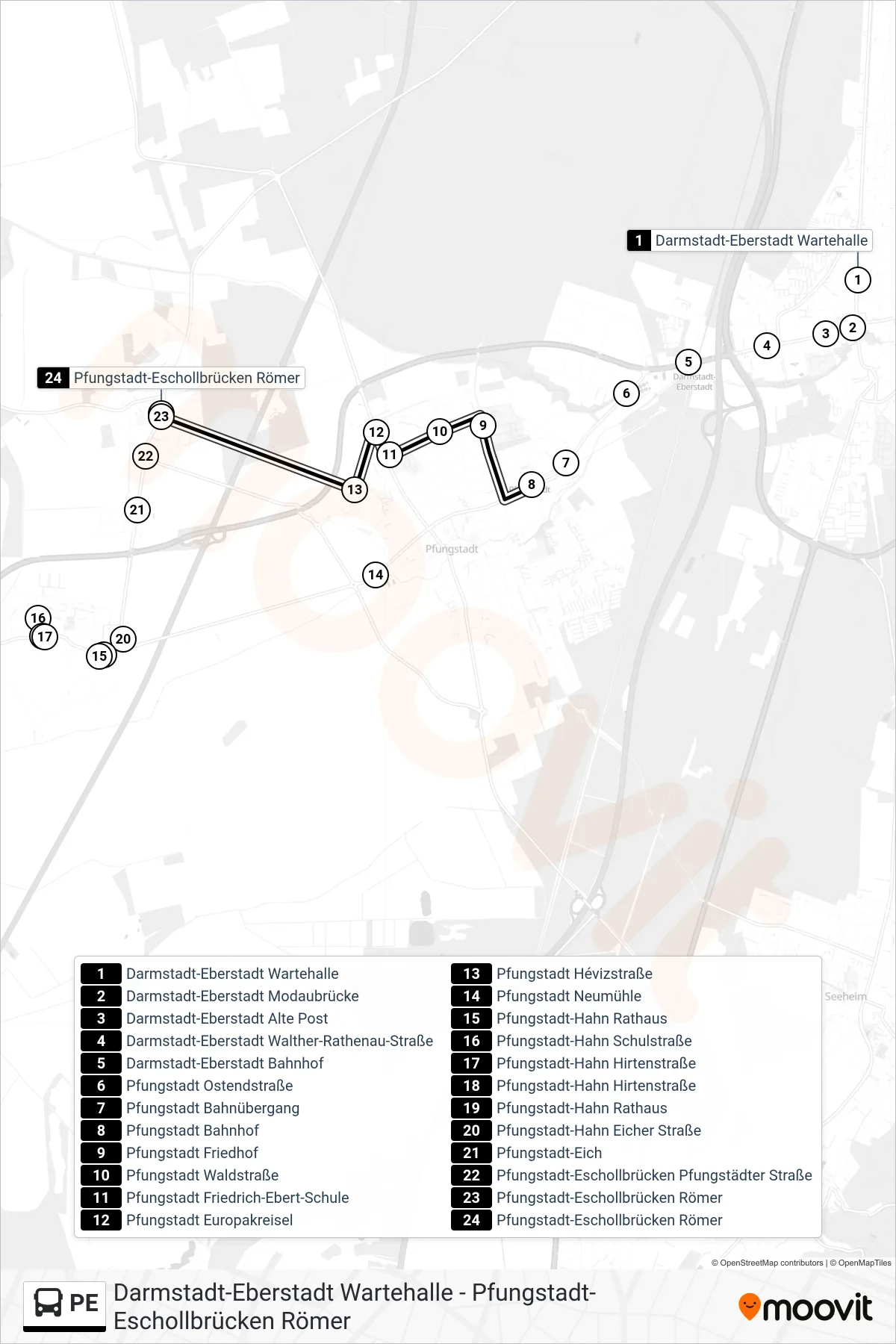 PE bus Line (Pfungstadt-Eschollbrücken Römer) route and stops on a map