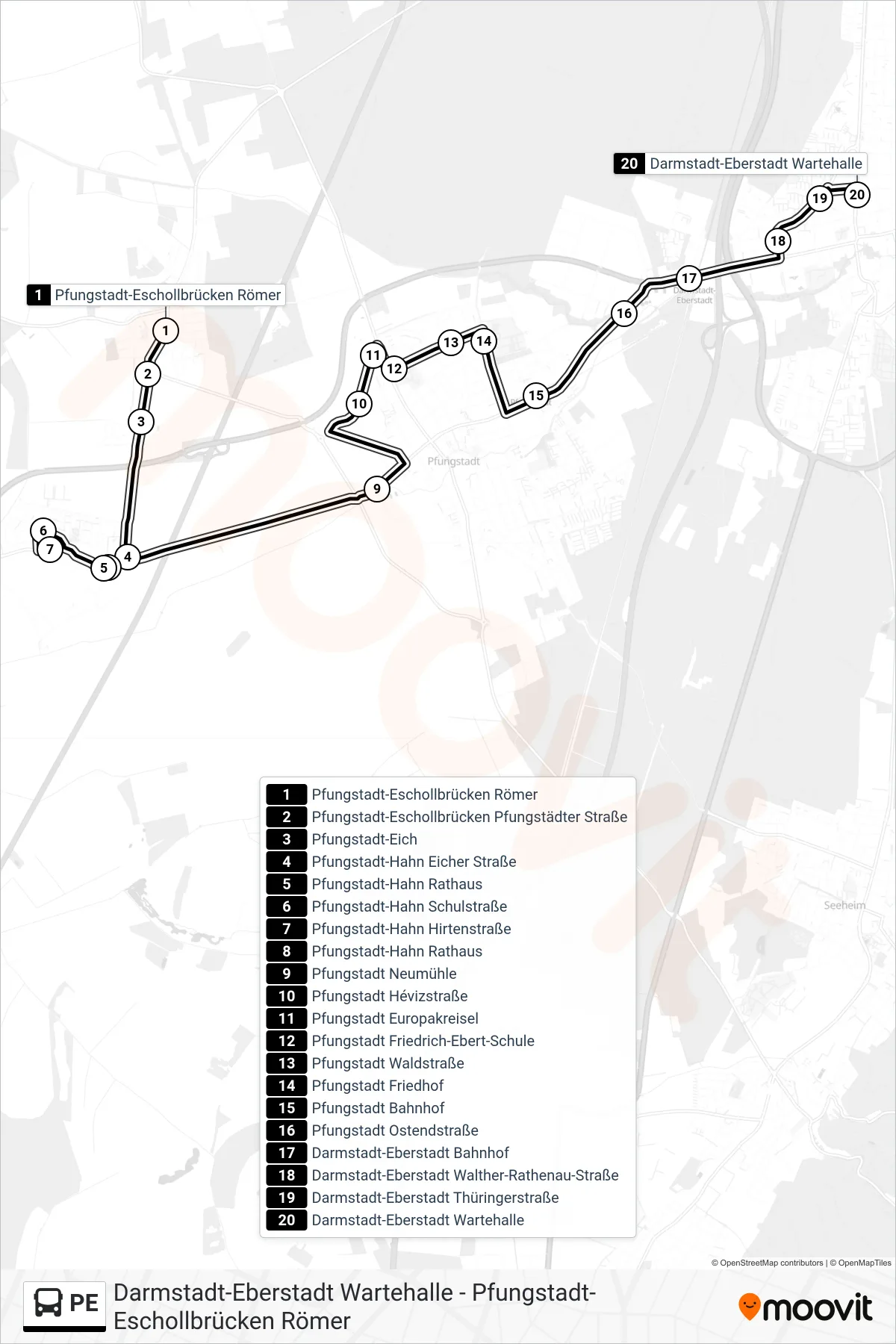 PE bus Line (Darmstadt-Eberstadt Wartehalle) route and stops on a map