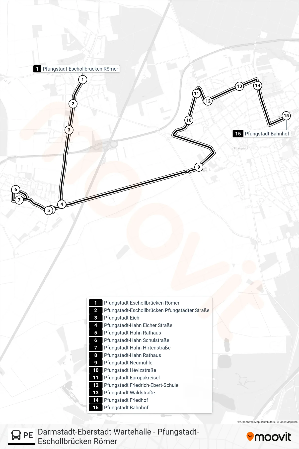 PE bus Line (Pfungstadt Bahnhof) route and stops on a map