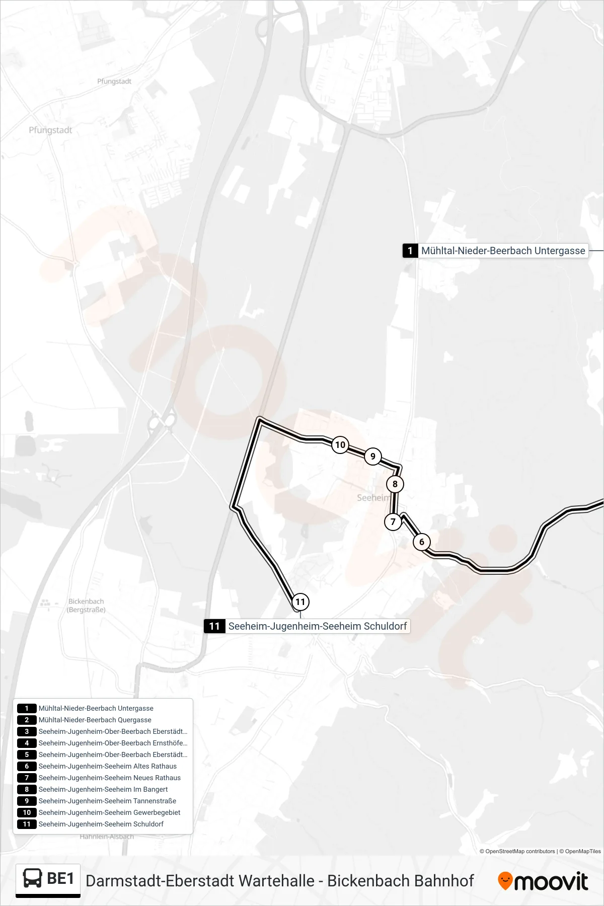 BE1 bus Line (Seeheim-Jugenheim-Seeheim Schuldorf) route and stops on a map