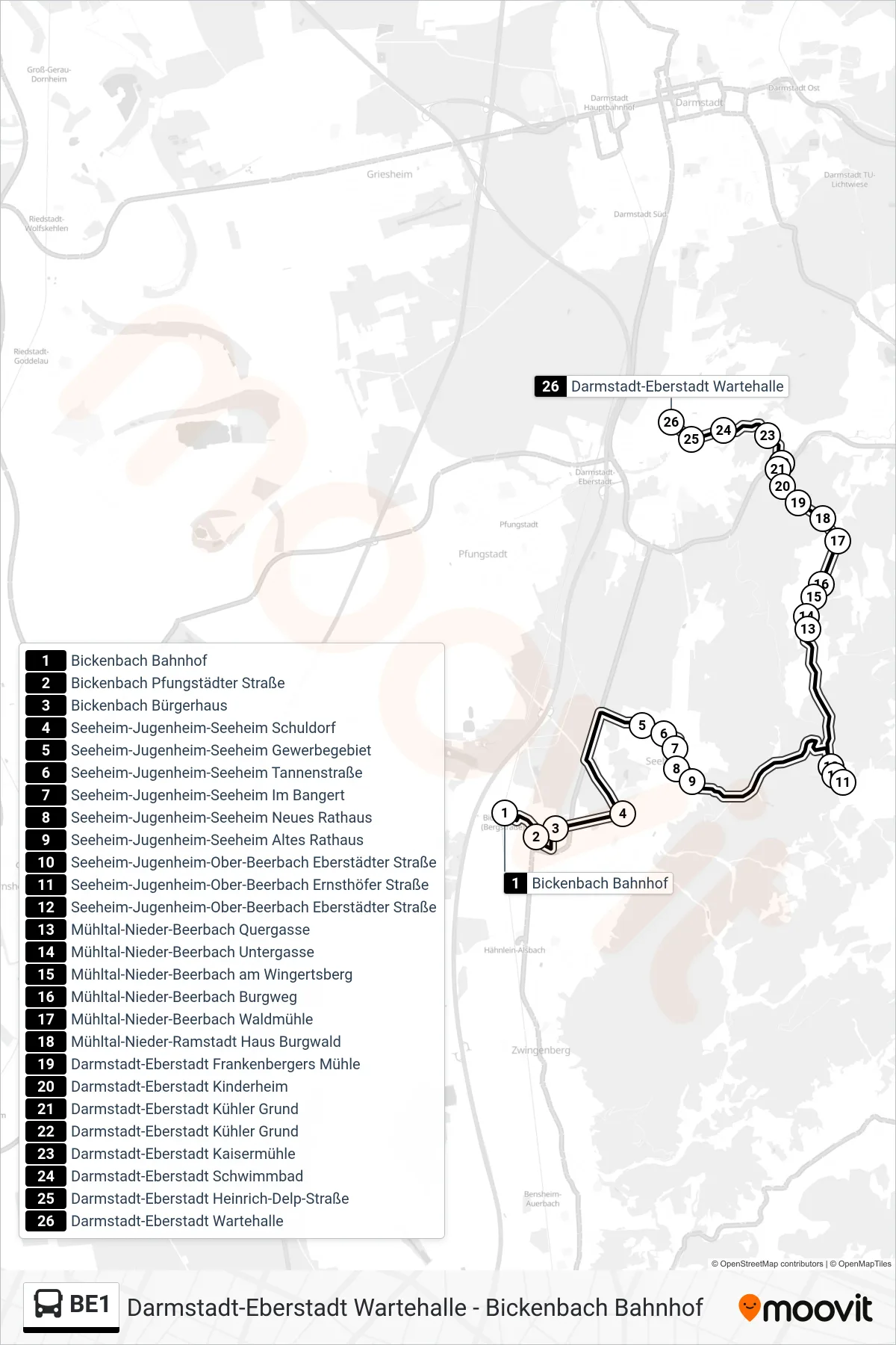 BE1 bus Line (Darmstadt-Eberstadt Wartehalle) route and stops on a map