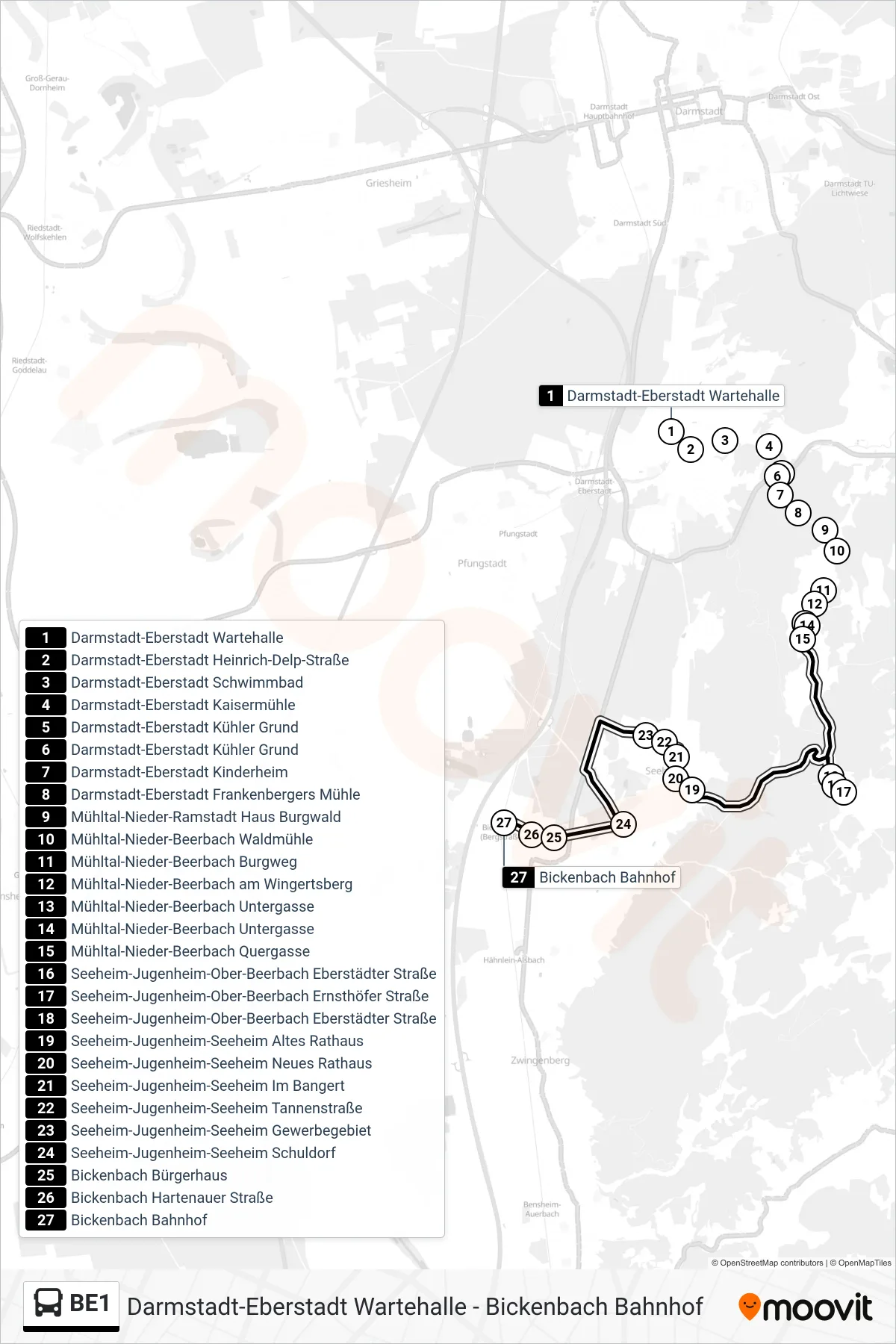 BE1 bus Line (Bickenbach Bahnhof) route and stops on a map
